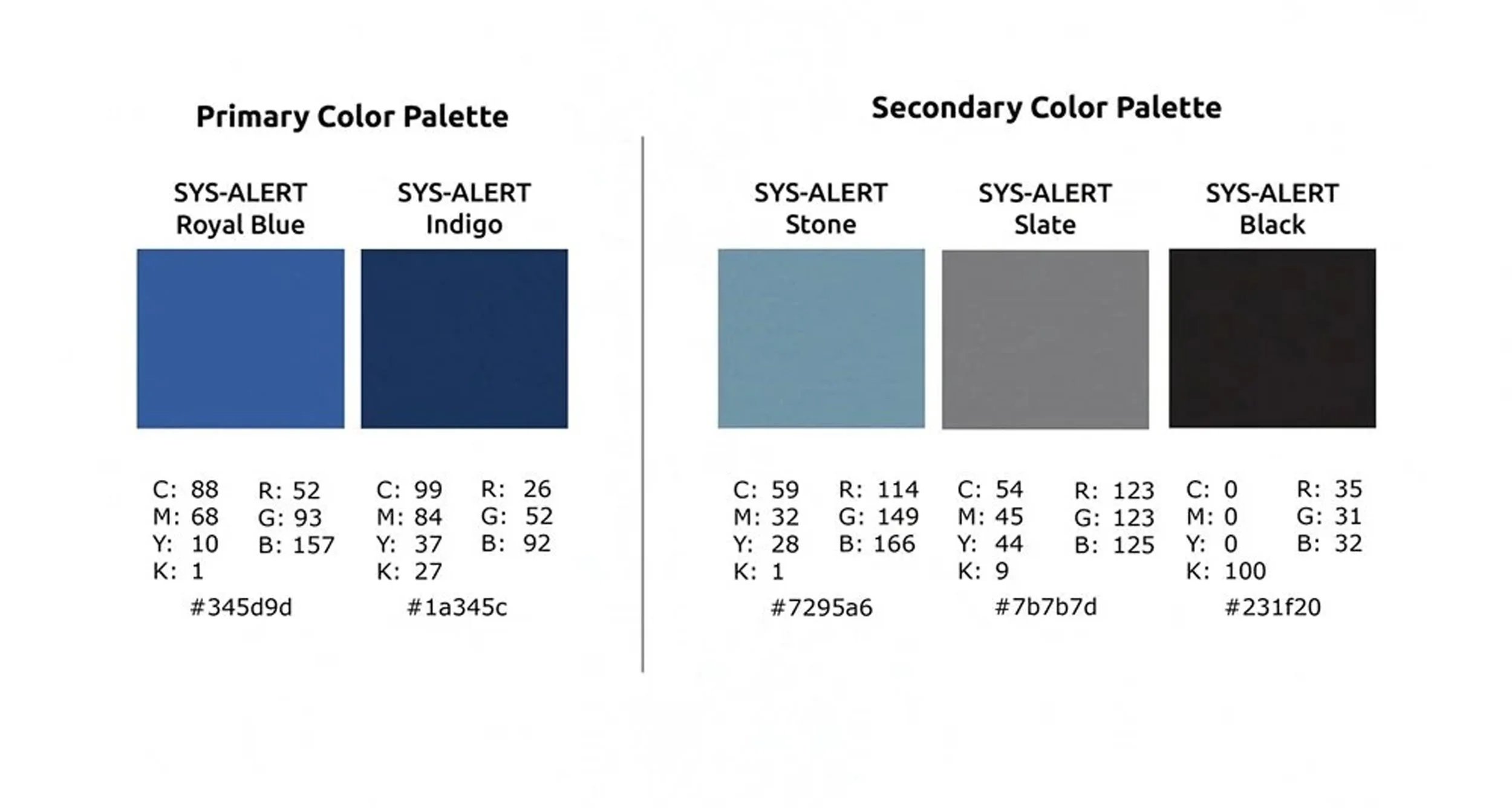 Color palettes image: Primary colors are Royal Blue (#345d9d) and Indigo (#1a345c). Secondary colors are Stone (#7295a6), Slate (#7b7b7d), and Black (#231f20), with corresponding CMYK and RGB values.