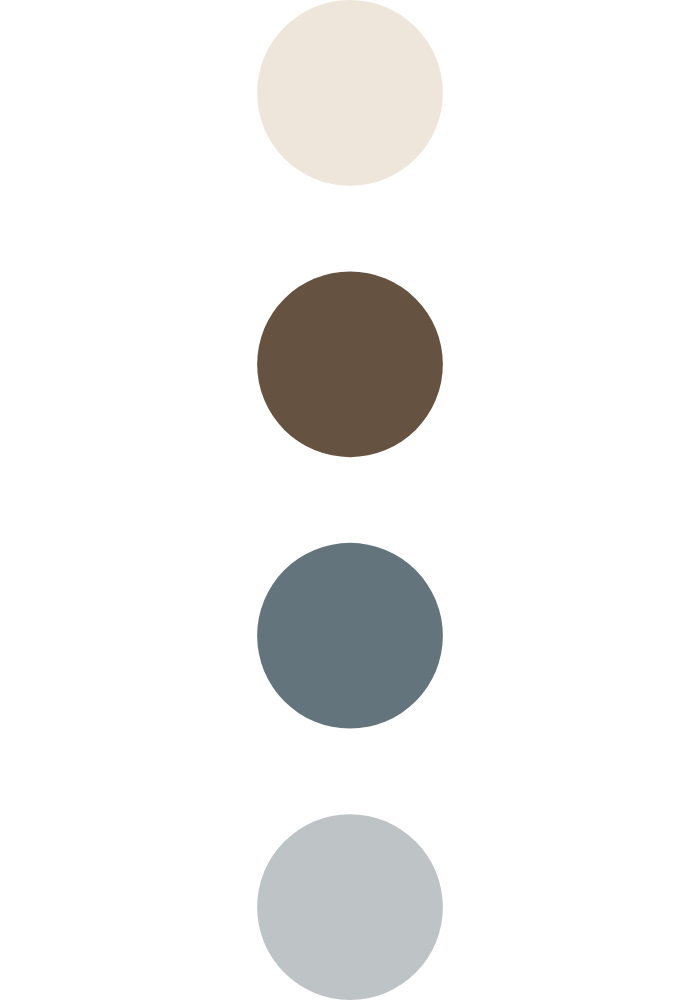 Vertical sequence of four circle swatches in shades of white, brown, blue-gray, and light gray.