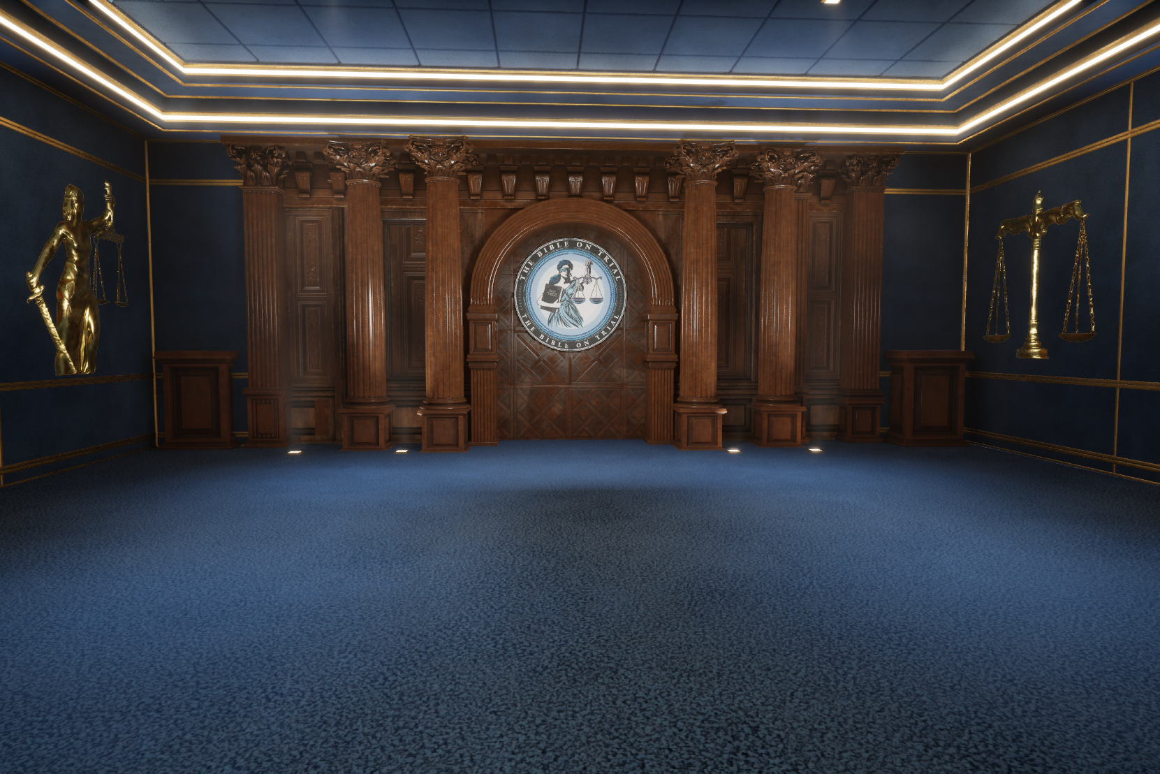 A courtroom with a wooden panel wall and columns, a circular emblem with Lady Justice and the text 'The Bible on Trial,' flanked by gold scales and a statue of Lady Justice, with a blue carpeted floor.