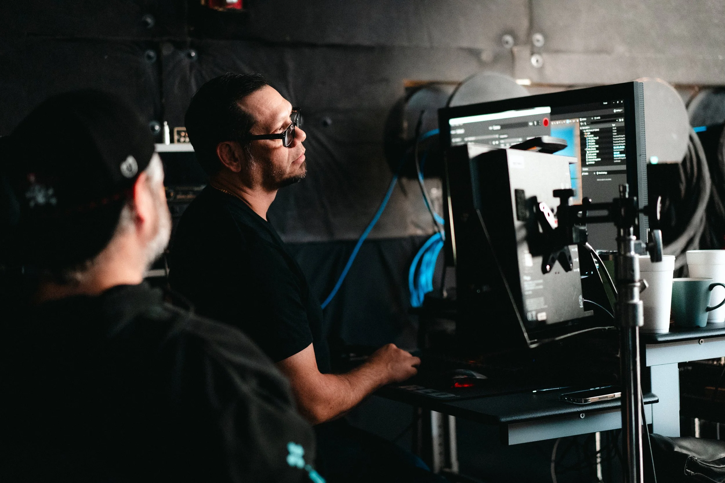 Jason Starne and Tanner Griggs operate the volume wall at AMS Pictures.