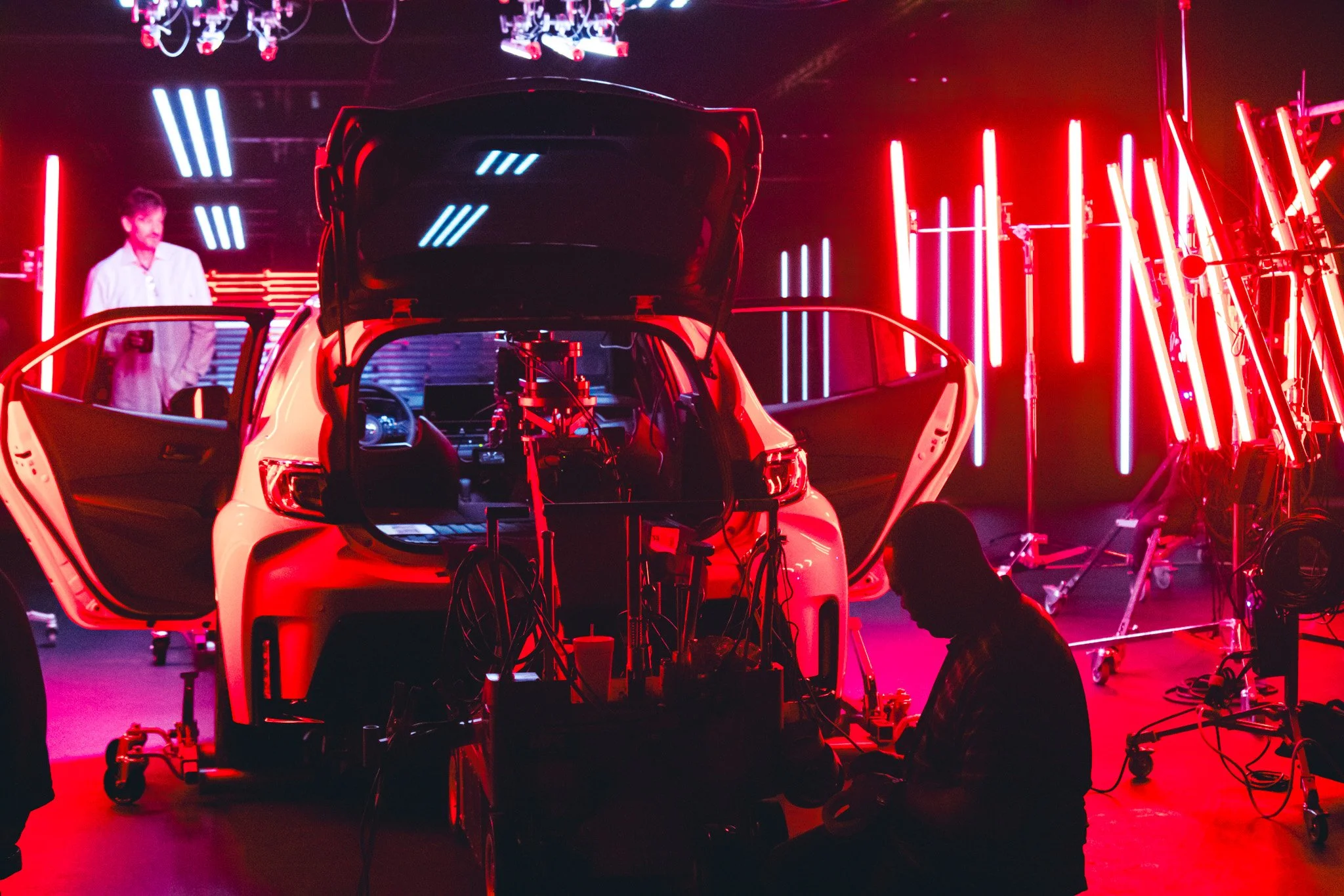 A behind-the-scenes shot of a shoot for the 2025 GR Corolla at AMS Pictures on the volume wall.