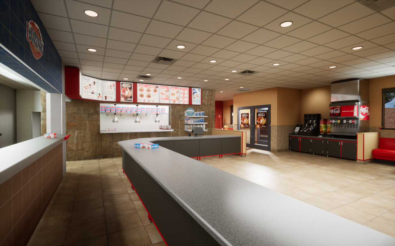 Empty fast food restaurant interior with counters, menu boards, soda fountain, and seating area.