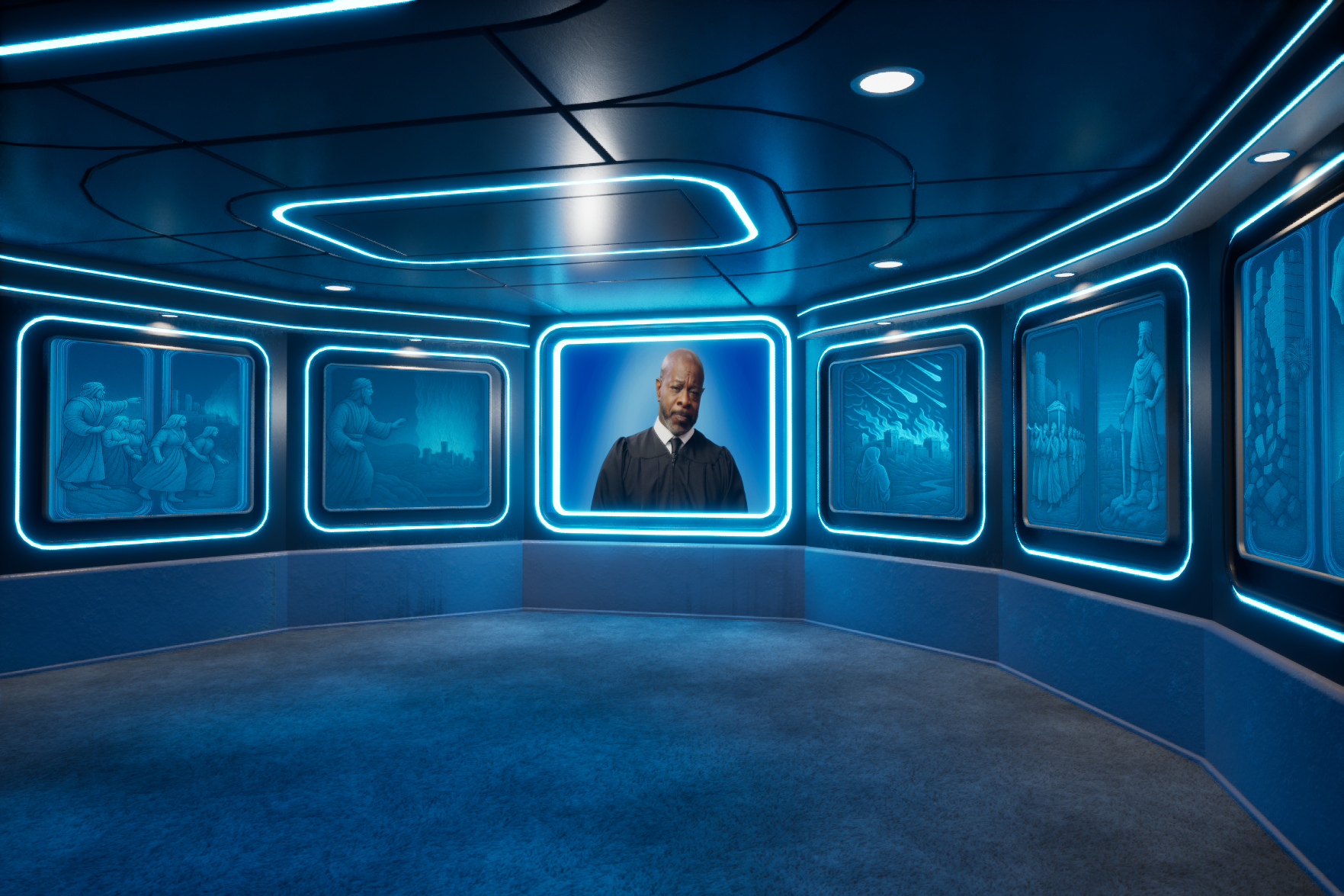 Gallery with blue neon lighting displaying historical artwork and a digital photo of a man in a dark jacket.