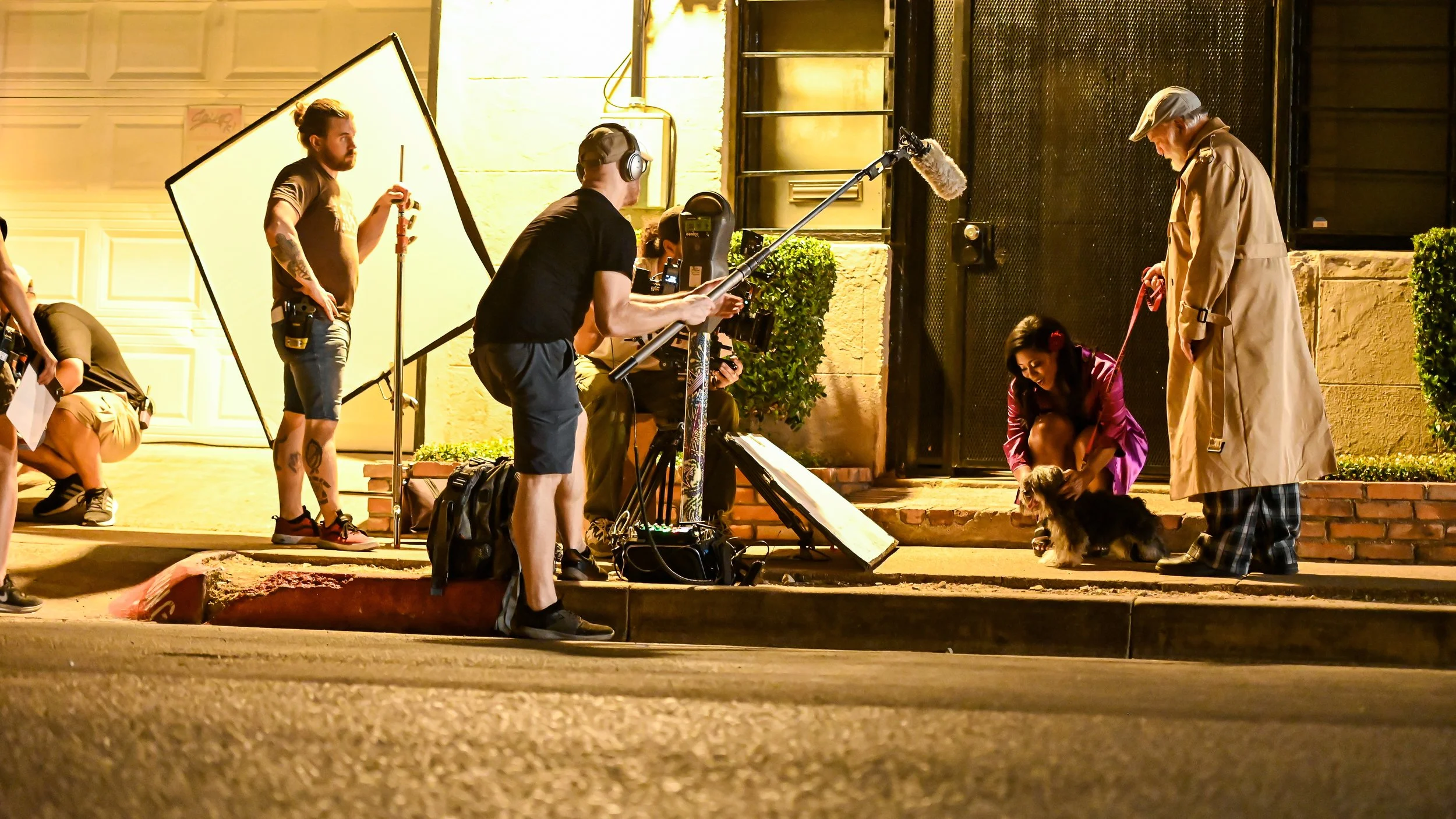On a city sidewalk at night, a film crew is filming a scene with a woman in a pink jacket holding a small dog and an older man in a beige trench coat and cap. Crew members are adjusting equipment around them.