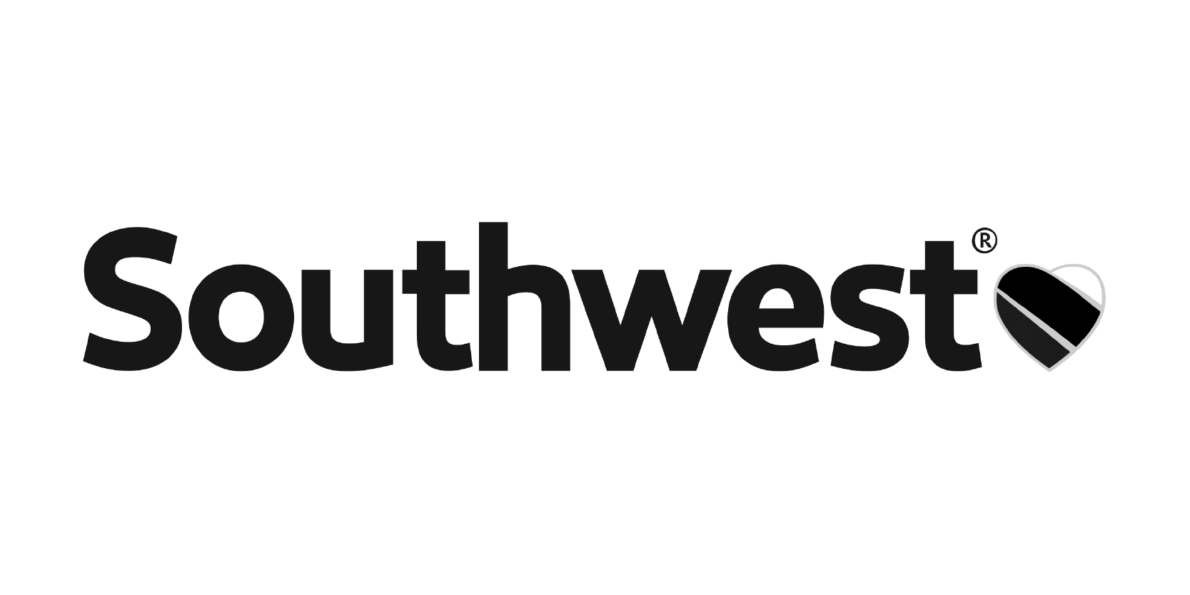 Southwest Airlines logo with black text and a stylized heart-shaped symbol with a black stripe