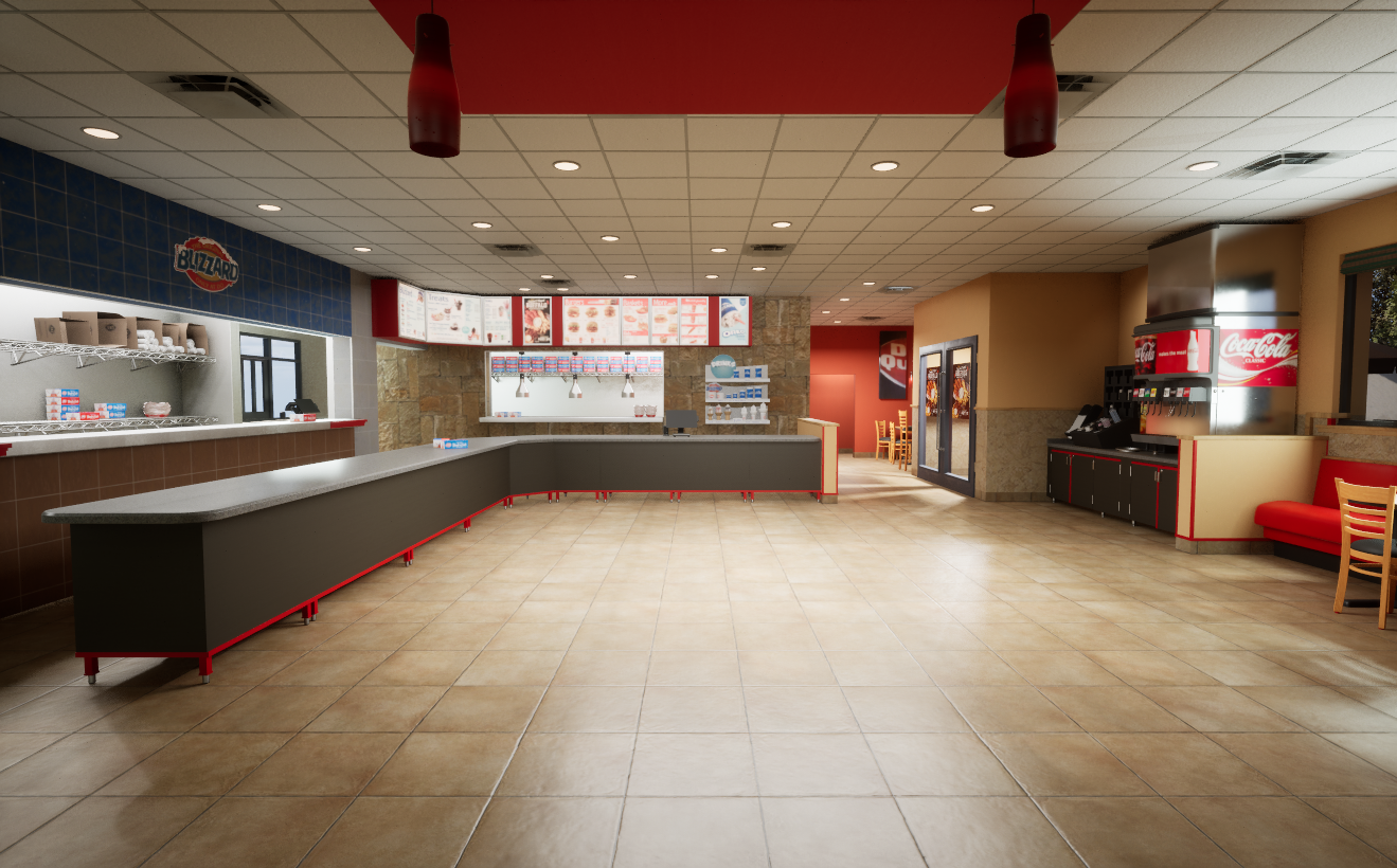 Empty fast food restaurant counter area with a Coke soda dispenser, menu boards, and seating area.