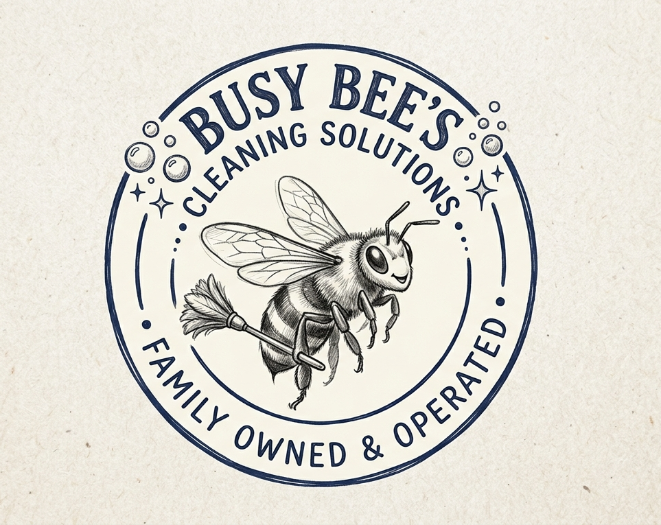 Logo for Busy Bee's Cleaning Solutions, featuring a cartoon bee inside a circular border, with the words 'Family Owned & Operated' around the bottom.