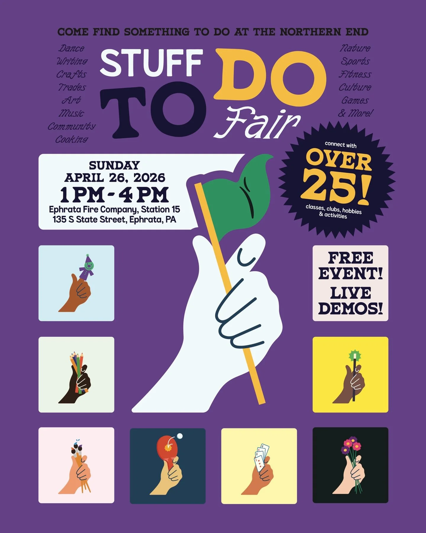 MARK THOSE CALENDARS for the first ever Northern End Stuff To Do Fair!!! We&rsquo;ve got arts and crafts, dance and fitness, games and activities, gardening and nature, and so much more!! Come find something to do on Sunday, April 26, at the Ephrata 