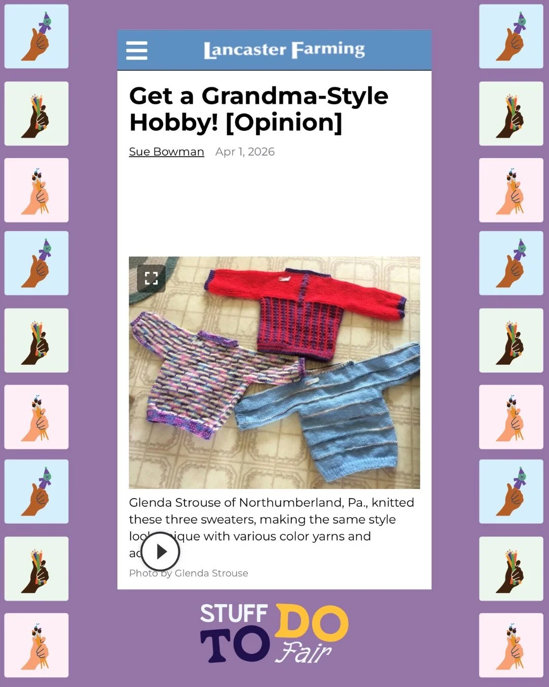 Thank you to Sue Bowman for her lovely op-ed about the importance of hobbies and how they connect us! Come find something to do, from art to sewing to music to fitness and beyond, on April 26 at the Stuff To Do Fair :)