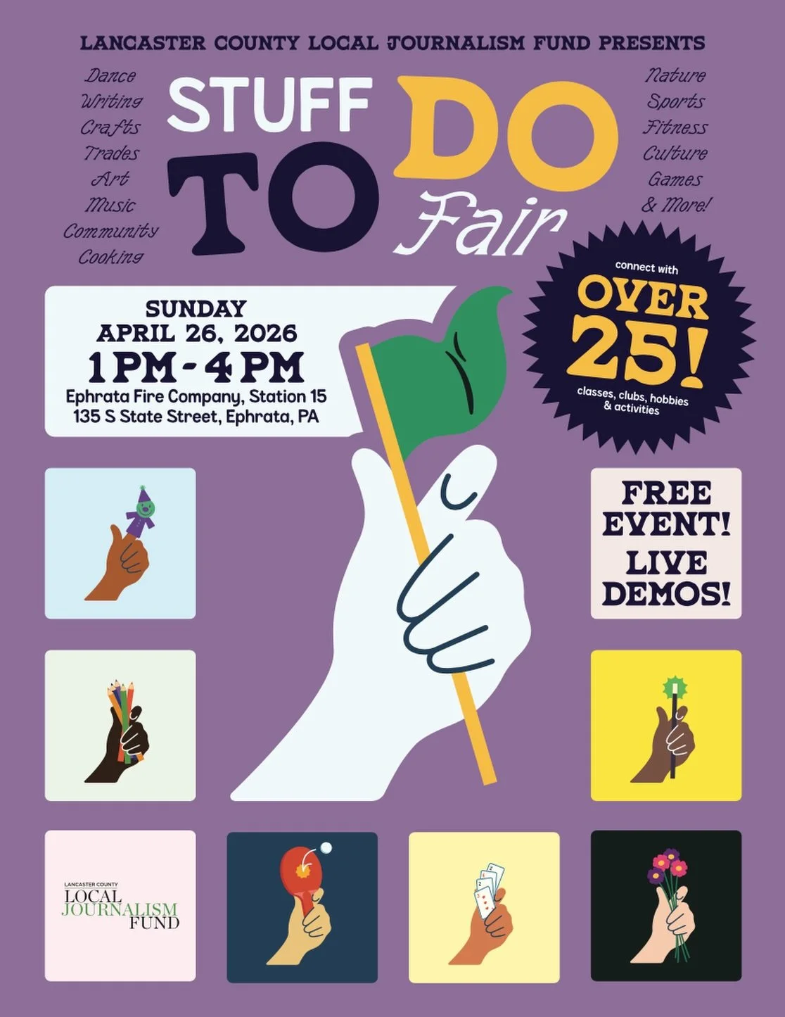 The Stuff To Do Fair is happening SUNDAY, April 26, from 1-4 pm at the Ephrata Pioneer Fire Company! If you&rsquo;re looking for community, skills, hobbies, inspiration, or just a lovely afternoon, don&rsquo;t miss this FREE EVENT featuring over 25 e