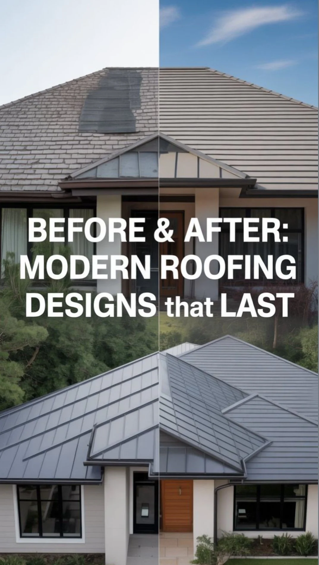 Side-by-side comparison of a house roof before and after renovation, showing weathered and replaced roofing. Overlaid text: "Before & After: Modern Roofing Designs that Last."