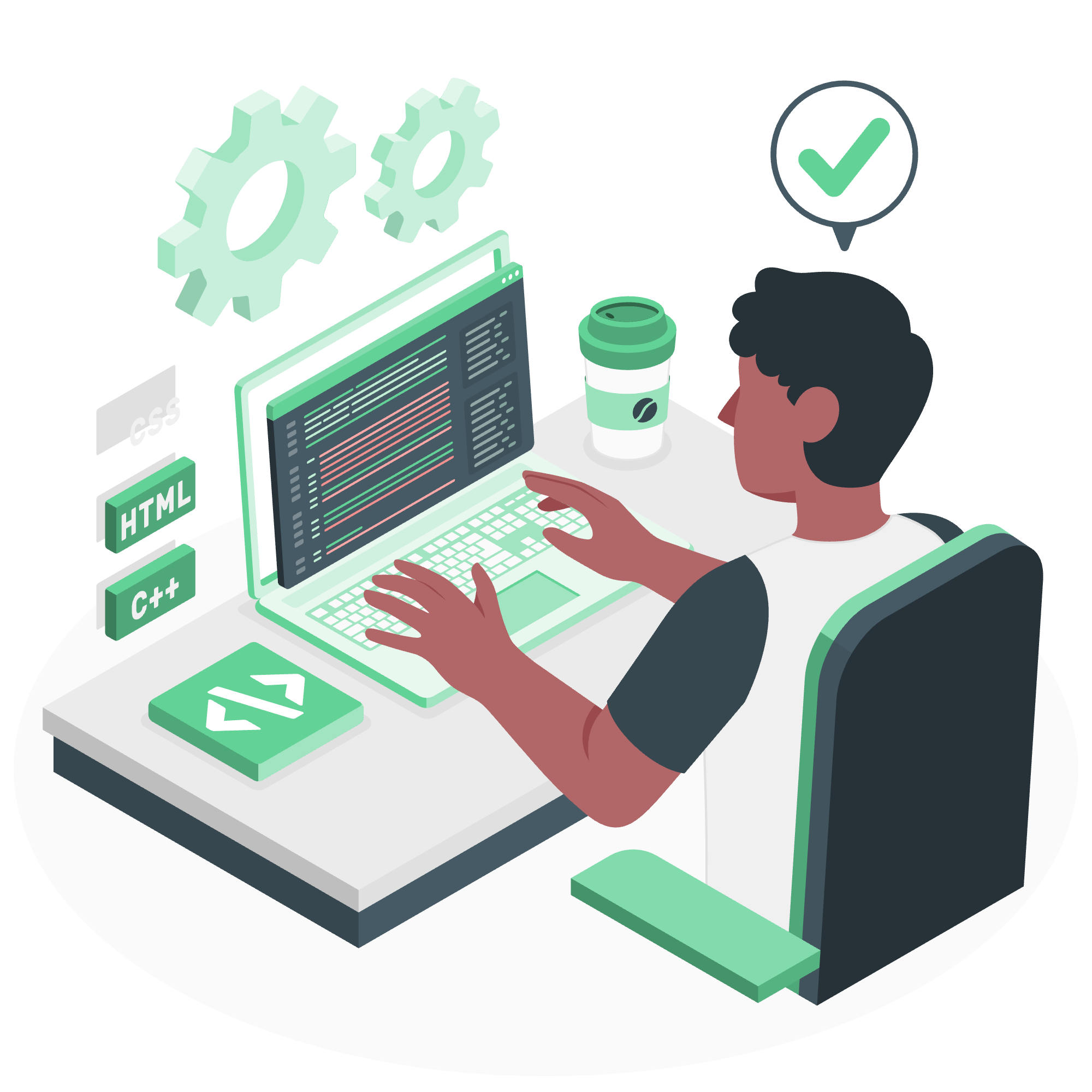 Illustration of a person coding on a laptop, with programming languages HTML, CSS, and C++ icons nearby, surrounded by gears, a coffee cup, and a checkmark in a speech bubble.