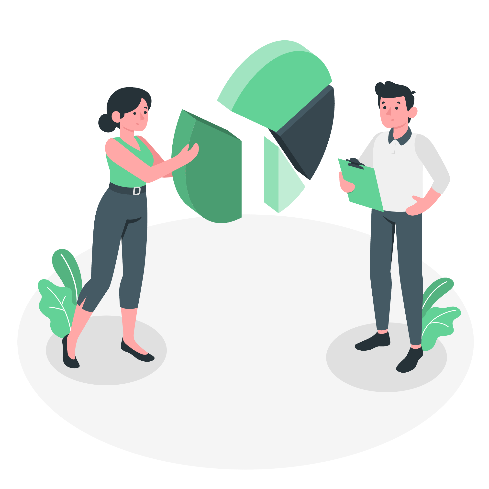 Two people, a woman and a man, standing on a white circular platform with green plants at their sides, holding and discussing a three-dimensional pie chart.