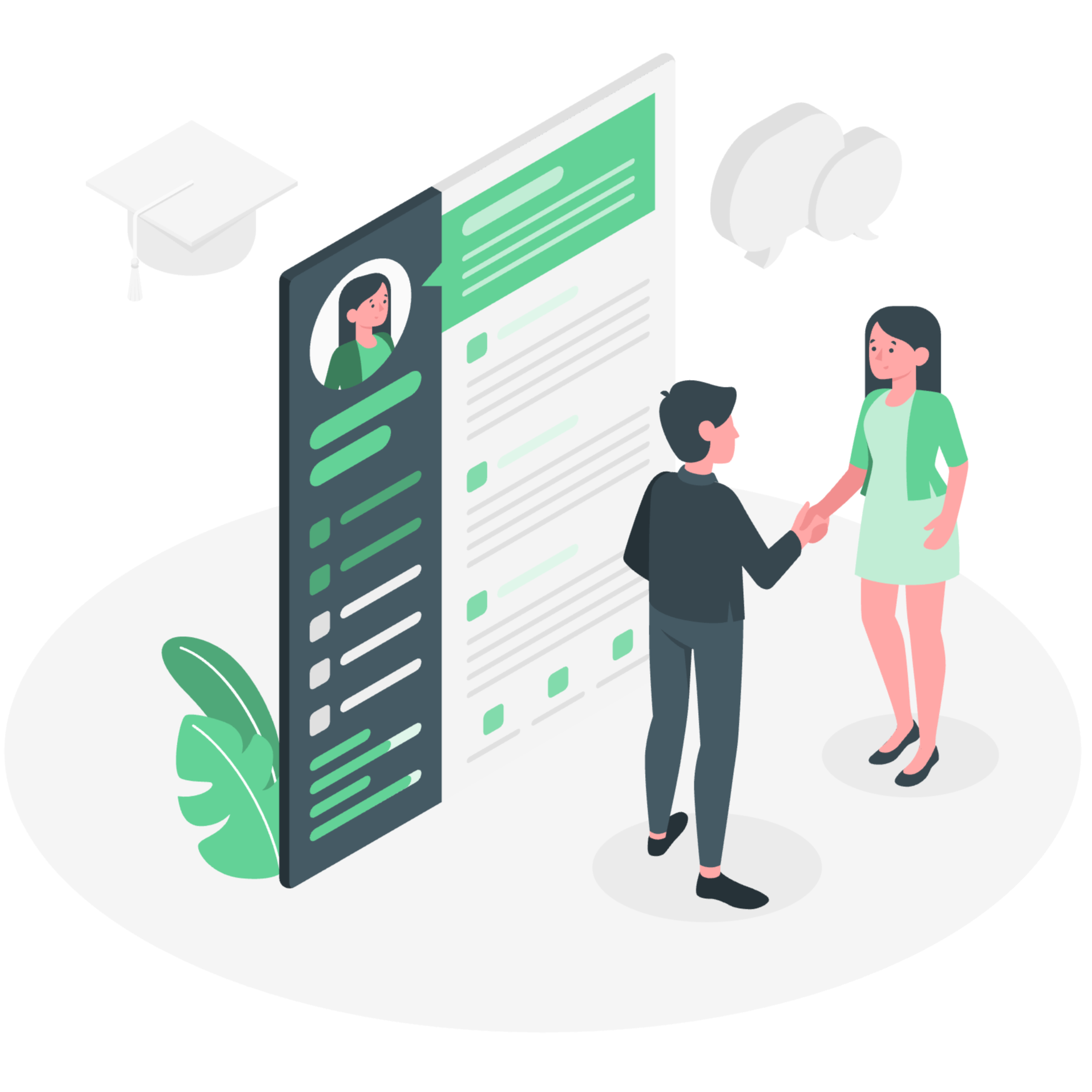 Illustration of two people shaking hands in front of a large digital profile on a screen, with a gray and green color scheme and a plant on the side.