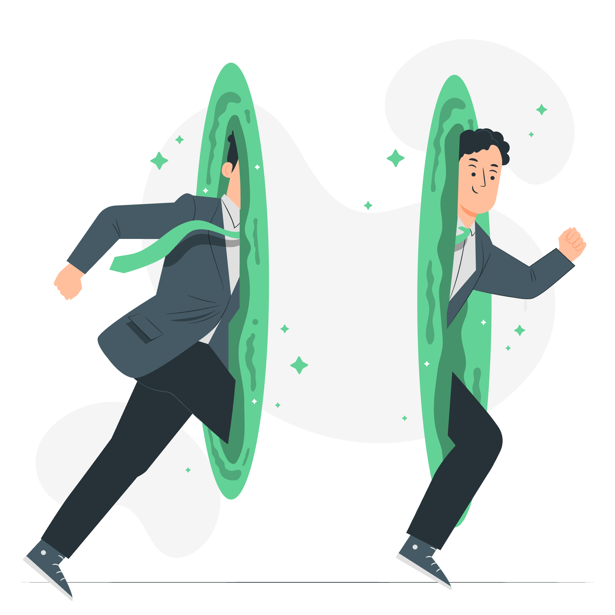 Illustration of two businessmen running through portals, one appearing from the left portal and the other from the right portal, with a space-themed background.
