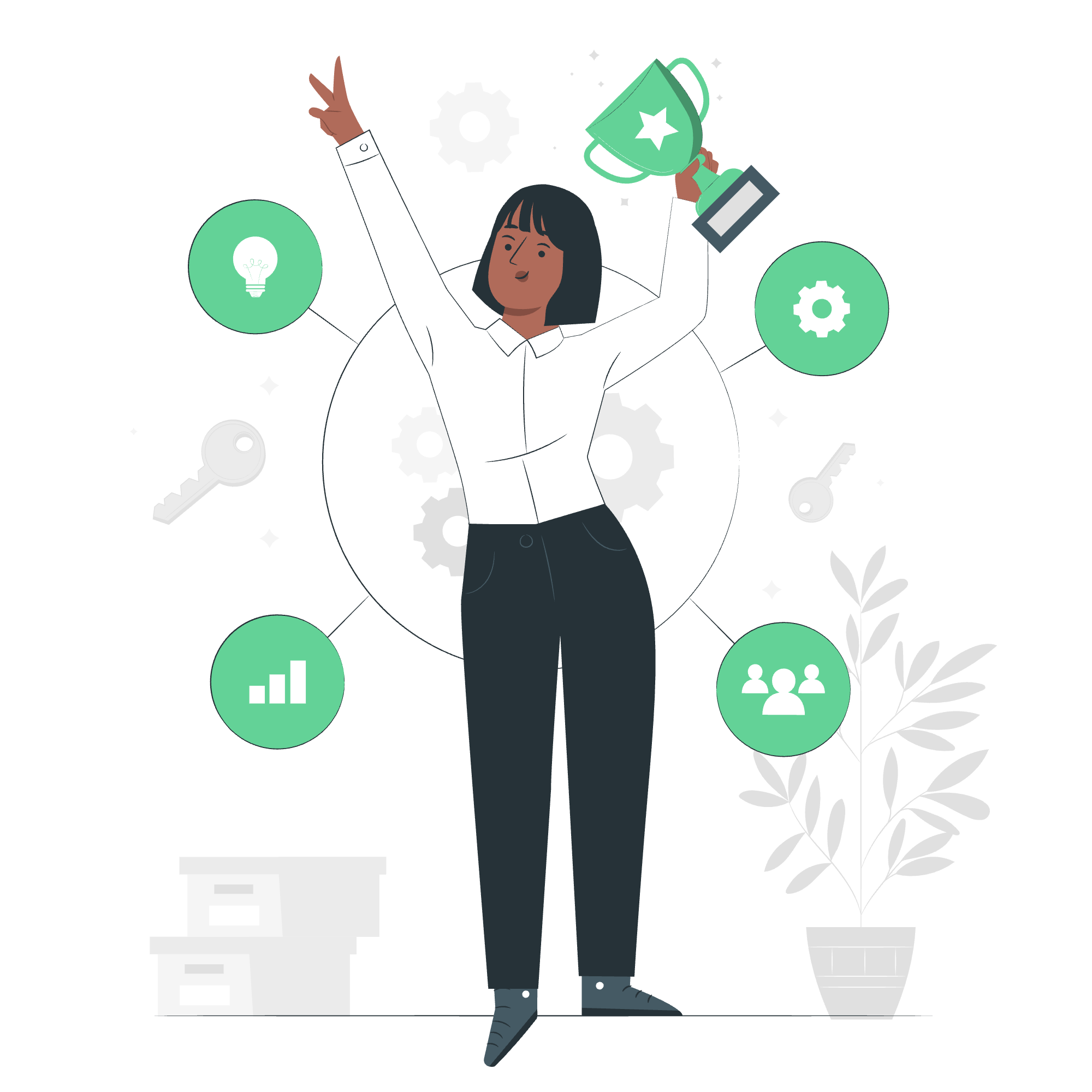 A woman celebrating victory holding a trophy in one hand and raising her other hand. Surrounding her are icons representing ideas, gears, keys, growth, team, and data, indicating success or achievement in a professional or creative context.