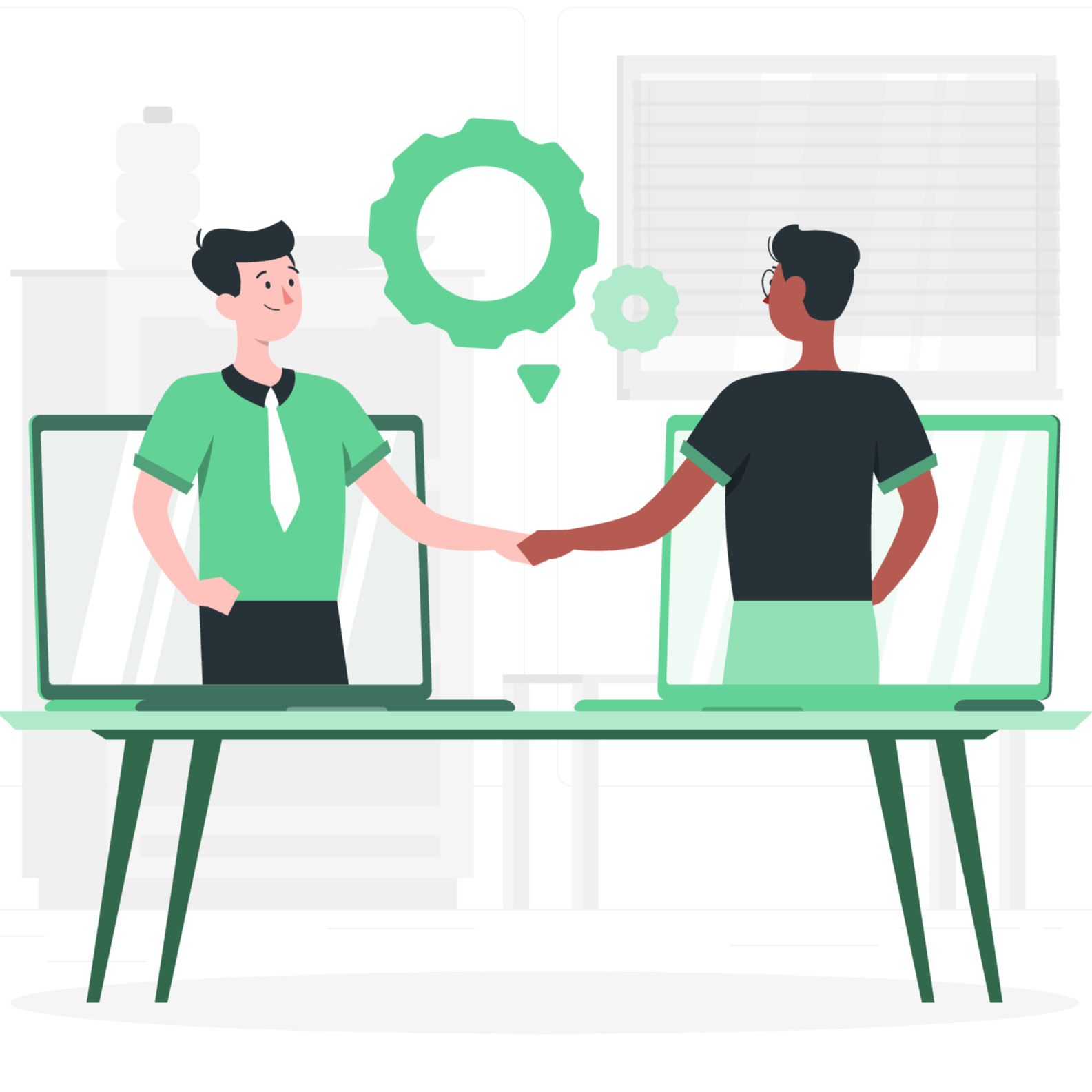 Two men shake hands through laptop screens in a digital meeting, with gears floating above symbolizing collaboration or technology.