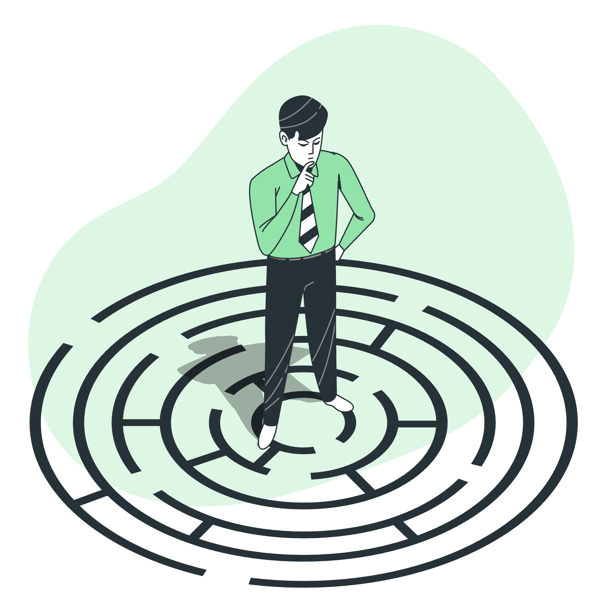 Illustration of a man standing in the center of a circular maze, thinking with a finger on his chin.