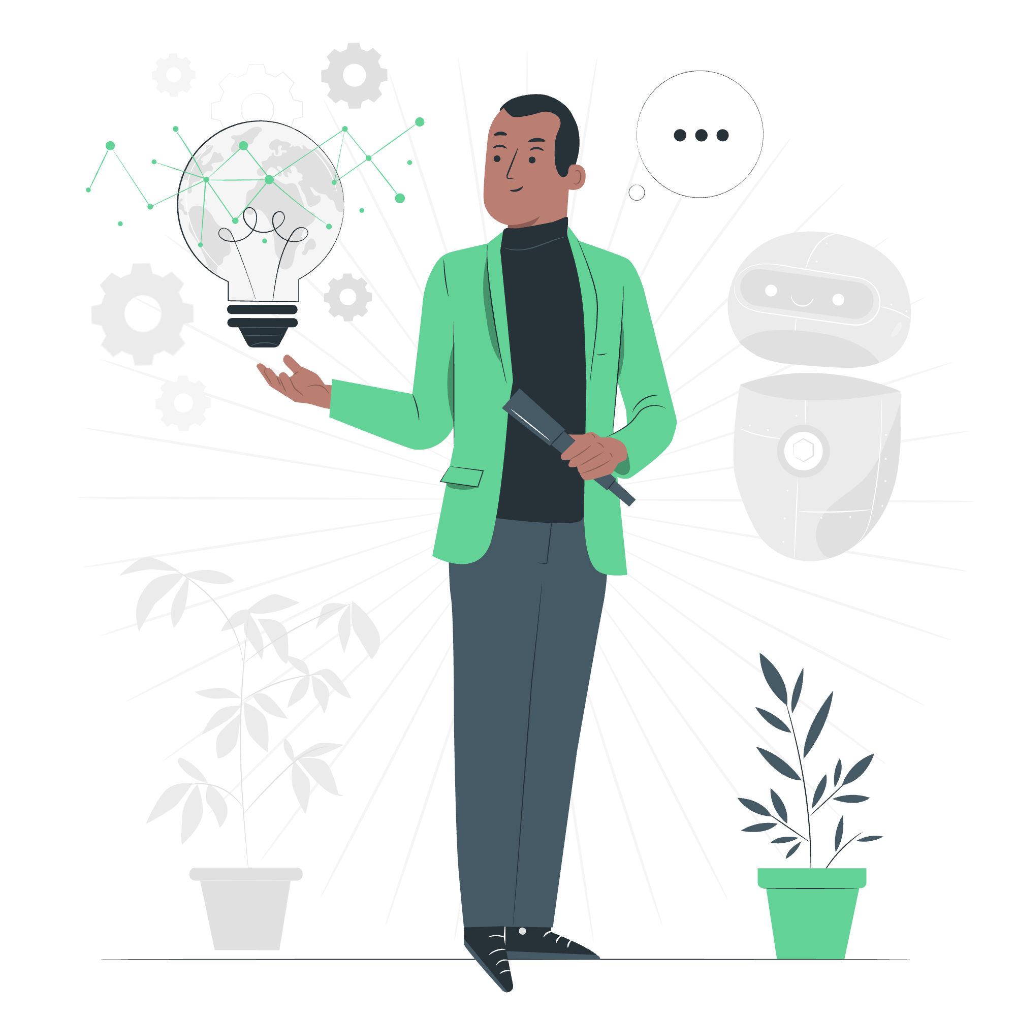 A man in a green blazer holding a flashlight, with digital illustrations of a light bulb with network lines, gears, and a robot head with a chat bubble behind him, set against a black background with white radiating lines and two potted plants.