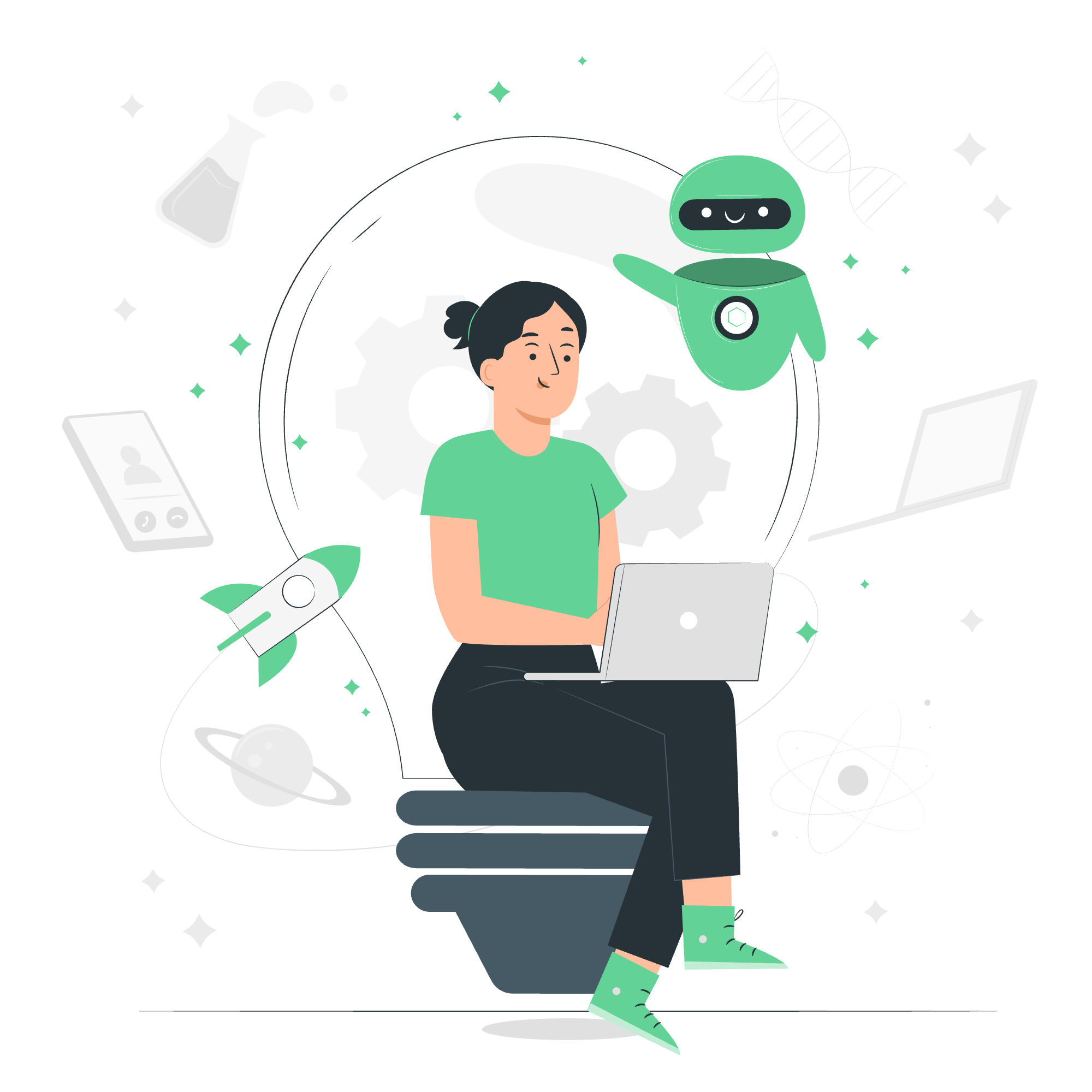 A person sitting on a toilet using a laptop with a robot, gears, rocket, DNA strand, and space-themed icons floating around in a digital or sci-fi setting.