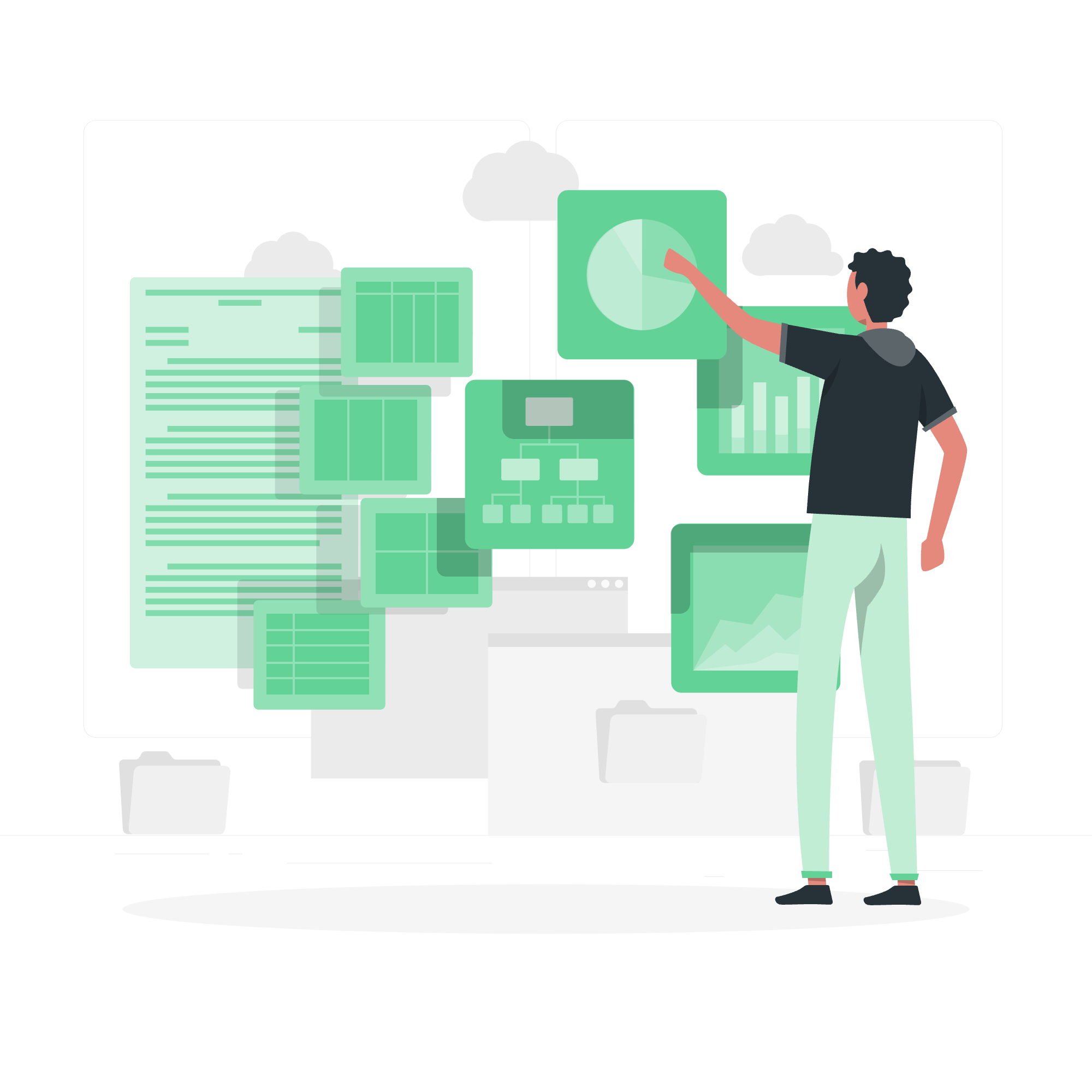 A person interacts with multiple digital data charts and reports displayed as floating green and white graphics on a dark background, representing data analysis and visualization.