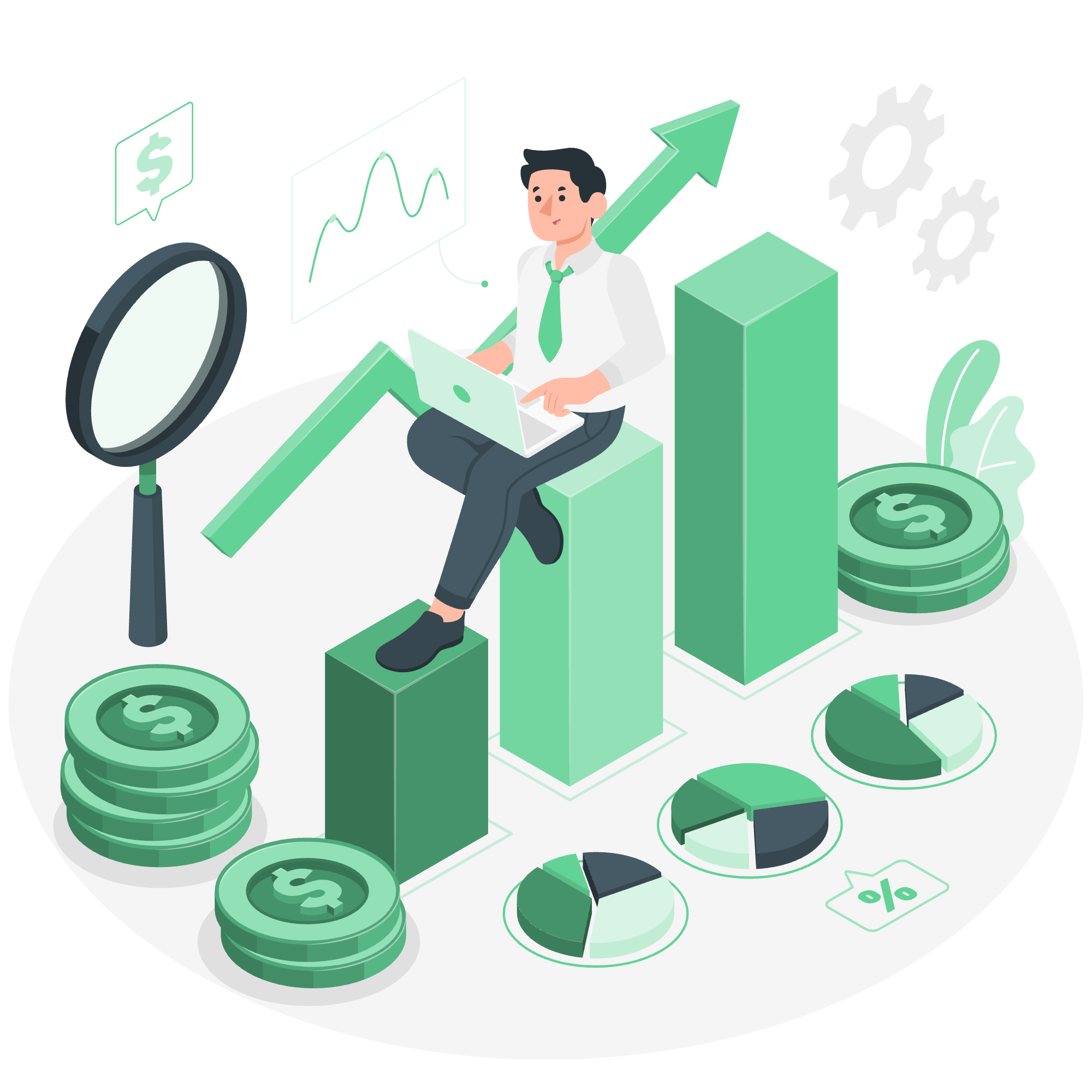 Business person sitting on bar graph with laptop, surrounded by financial icons like coins, pie charts, upward arrow and gears, representing financial growth and data analysis.