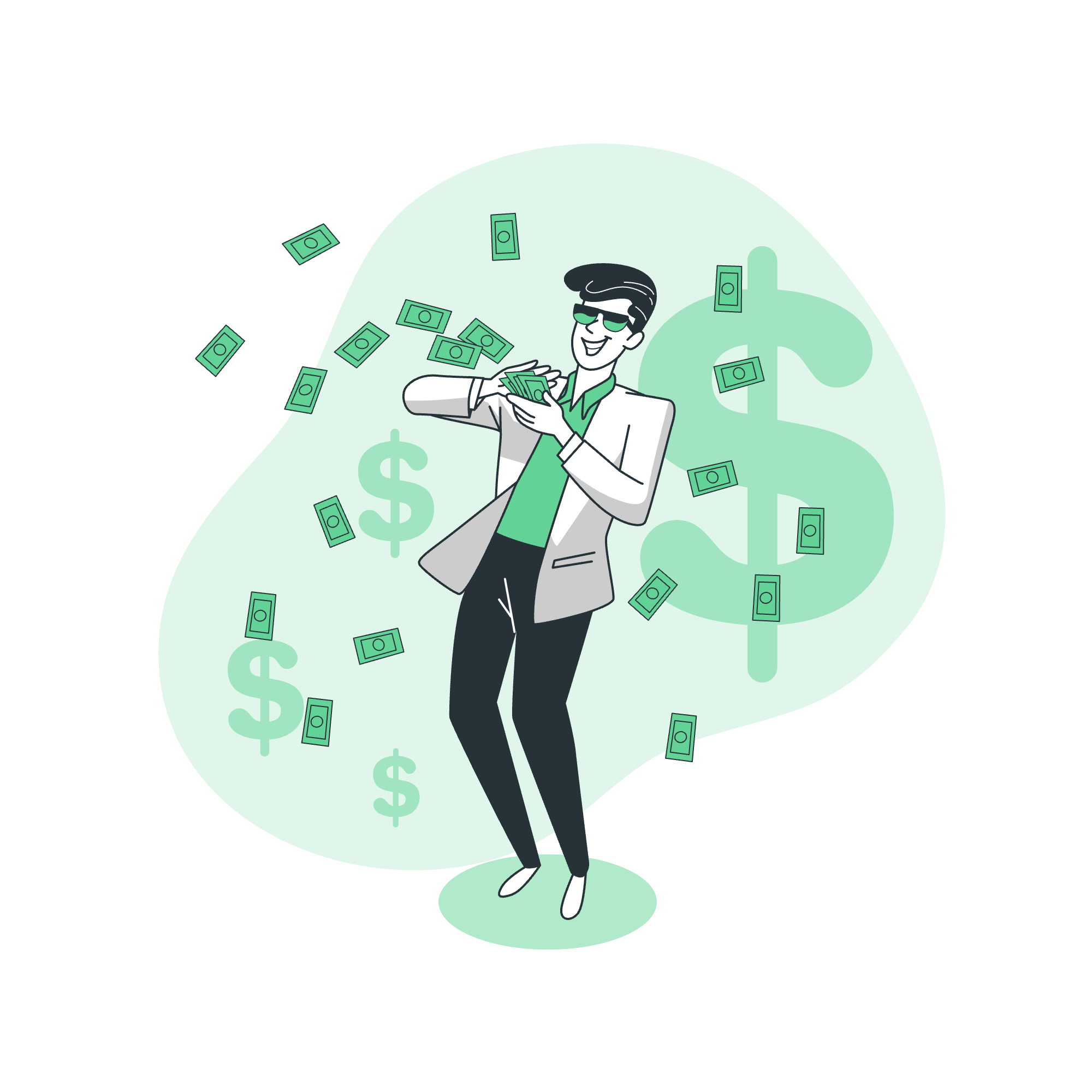 Illustration of a man wearing sunglasses and a suit, holding a stack of money, with dollar signs and bills floating around him, symbolizing wealth or cash.