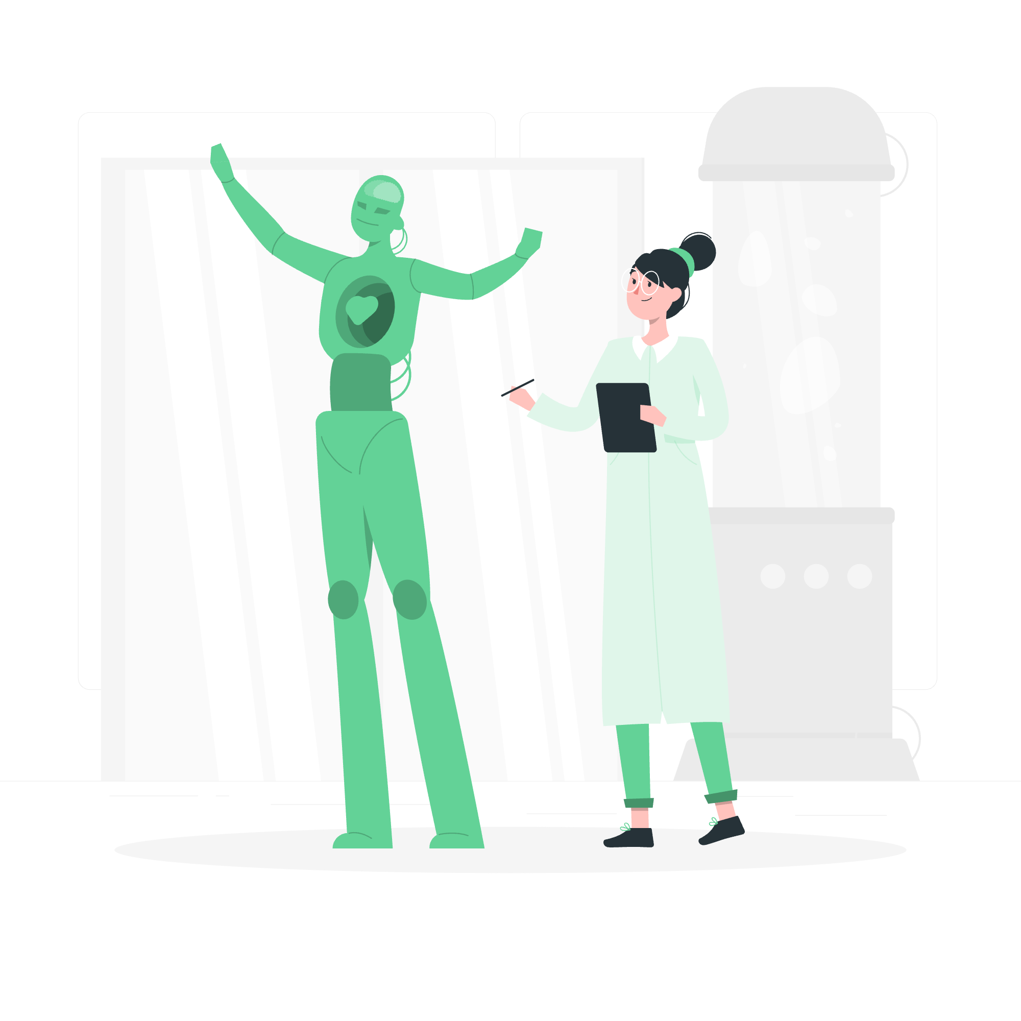 A scientist in a white lab coat and glasses holding a clipboard, observing a humanoid robot with a green color scheme, heart symbol on its chest, in a laboratory setting.
