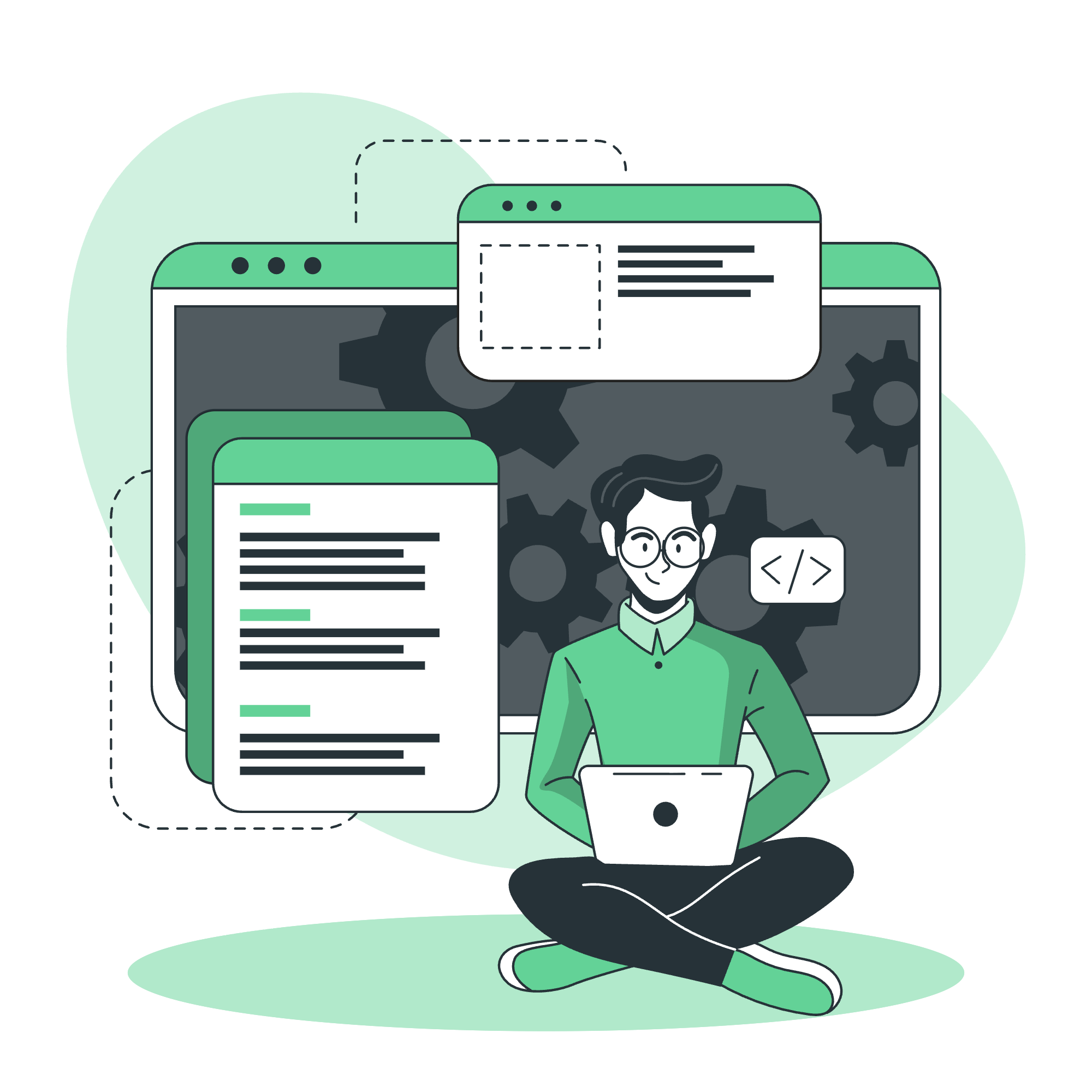 Illustration of a person sitting cross-legged with a laptop, surrounded by multiple floating windows displaying code and text, with gears in the background representing software development or programming.