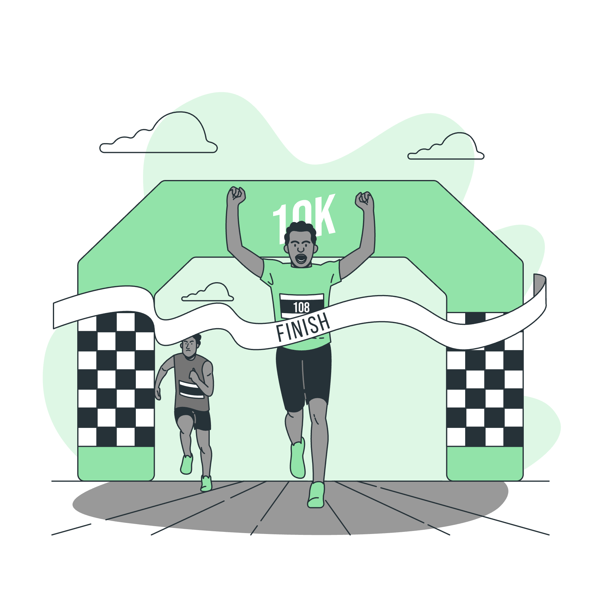 Illustration of two runners crossing the finish line at a race, with one runner winning and raising arms in victory. The finish line has a ribbon with the word 'FINISH,' and an overhead arch displays '10K.' The background includes a green landscape with mountains and clouds.
