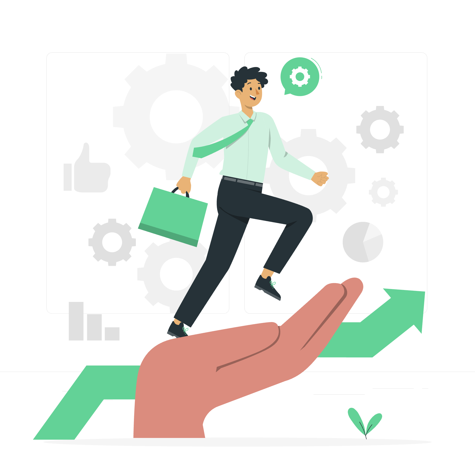 An animated man in business attire is walking up a large hand, surrounded by gears, a thumbs-up icon, a speech bubble with a gear, and a pie chart, symbolizing progress and growth.