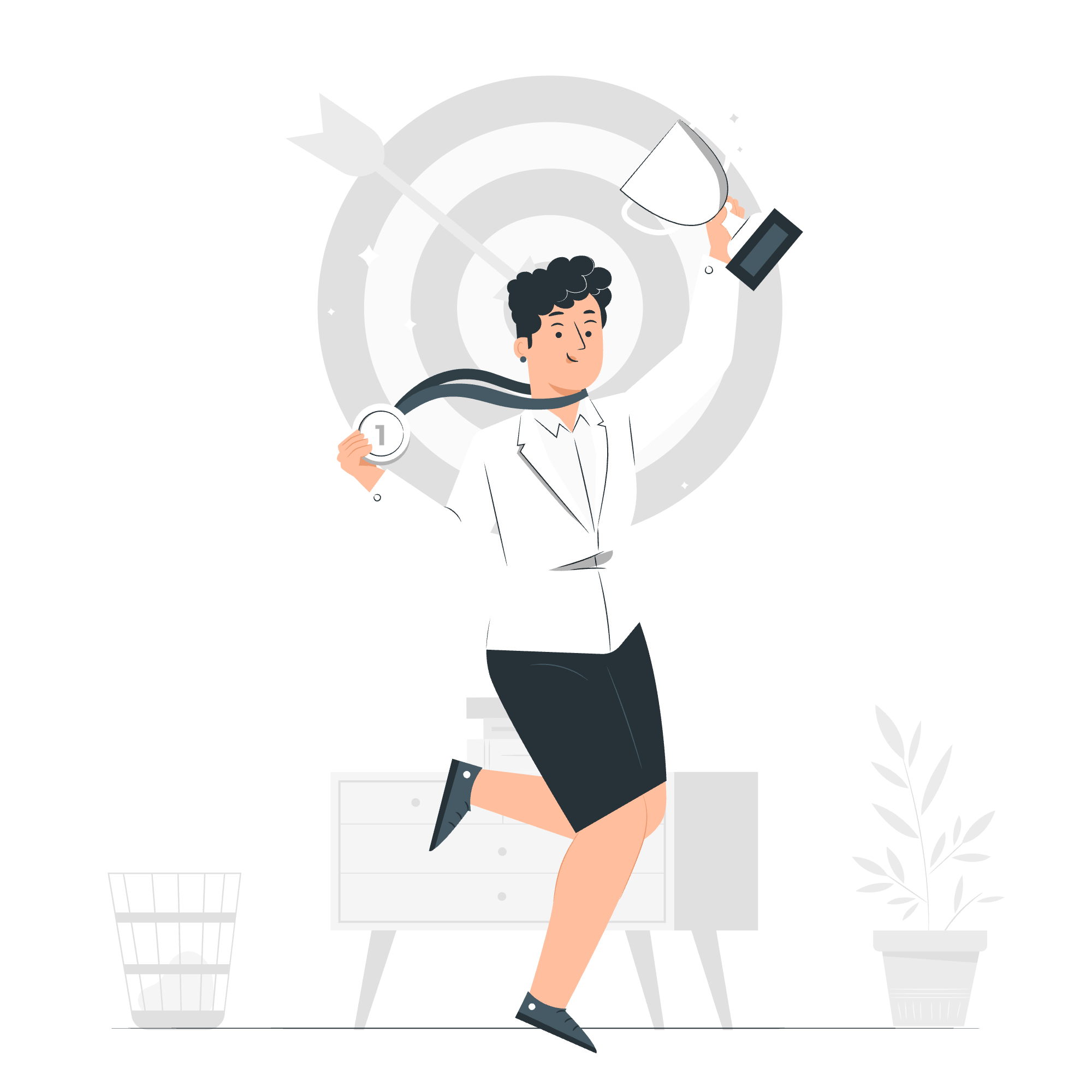 Illustration of a woman in professional attire celebrating a victory or achievement, standing on one leg with a medal around her neck, holding a trophy in one hand, and appearing joyful.