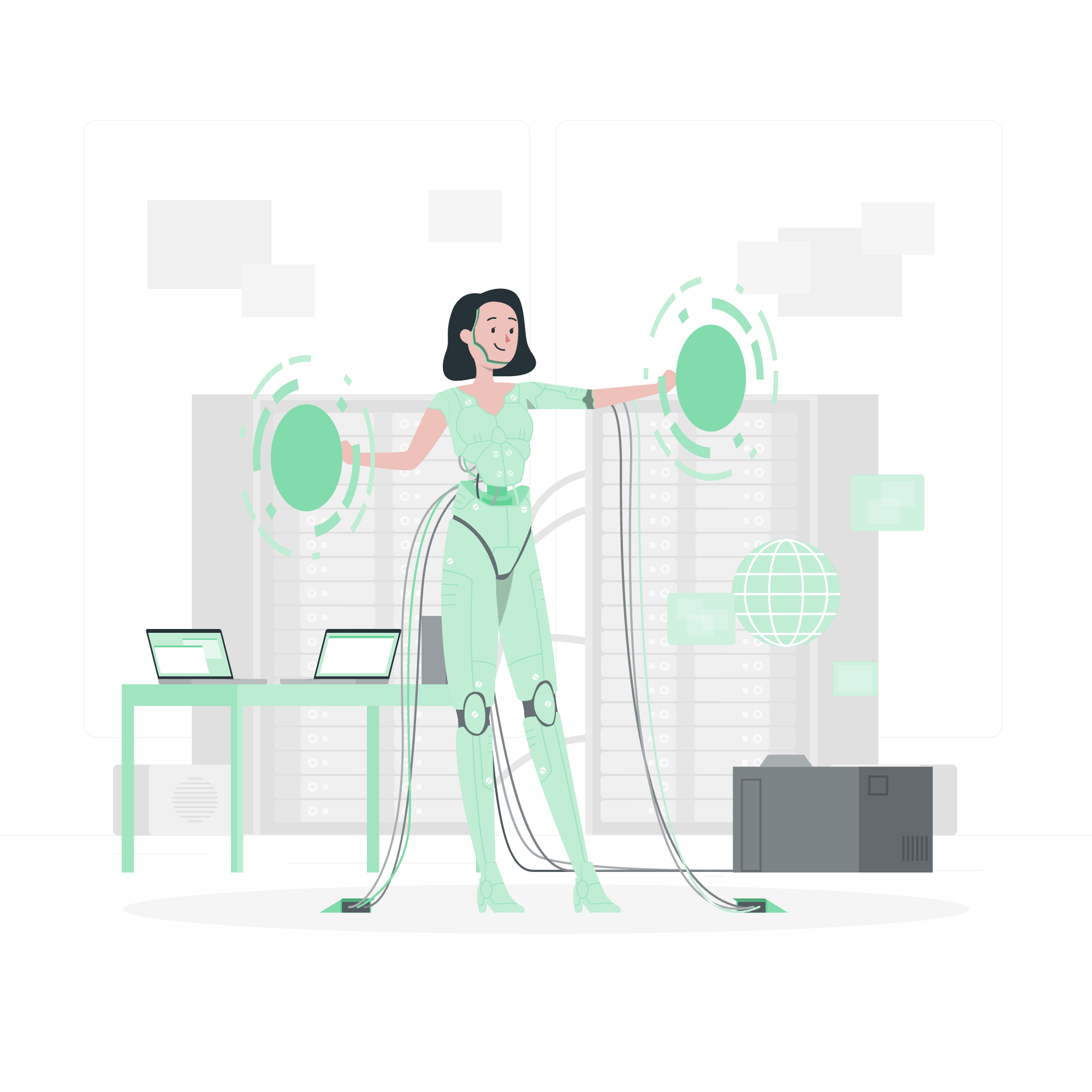 An illustration of a woman with a headset in a futuristic technology lab, surrounded by digital screens, floating icons, and holograms, working with advanced data interfaces.