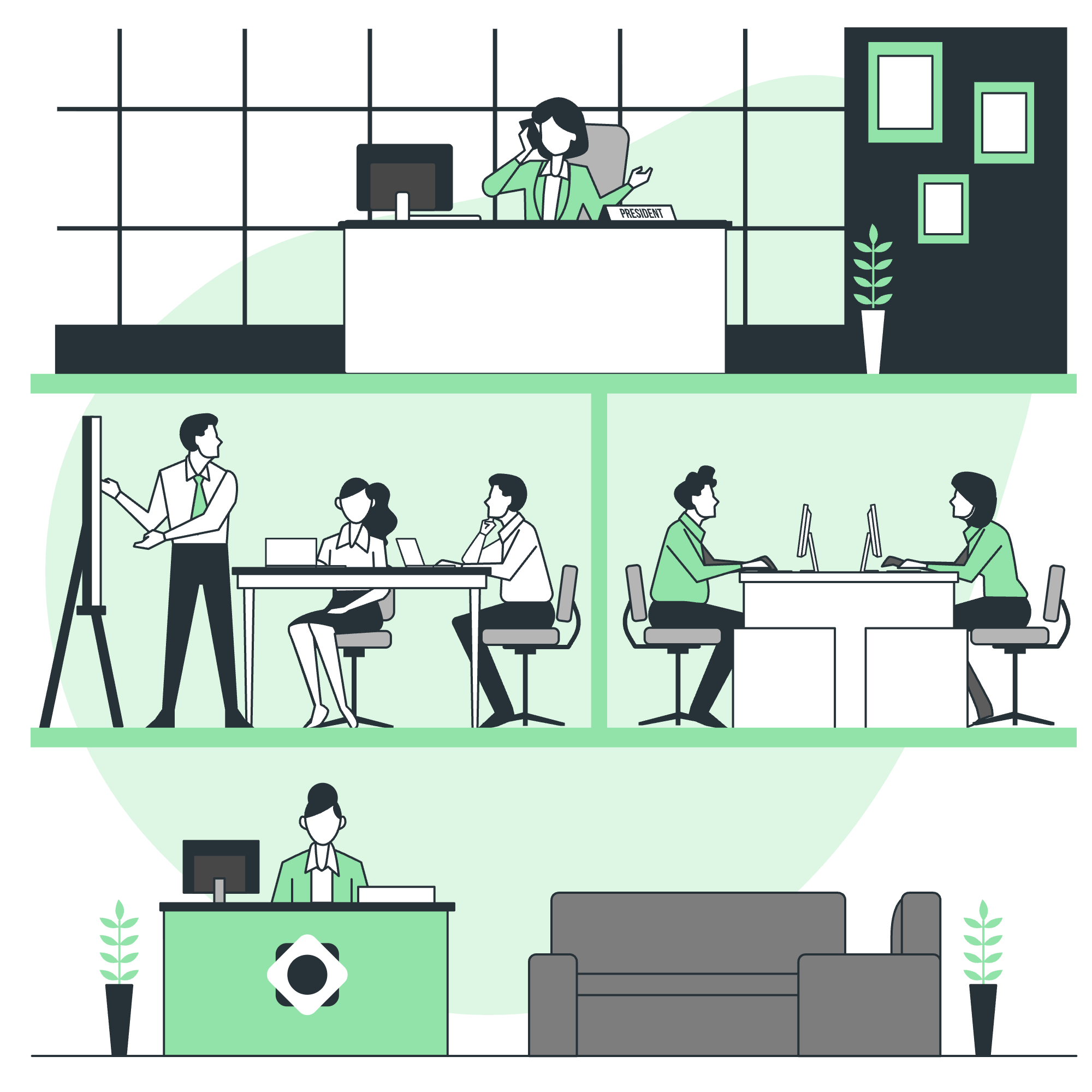An illustration of a multi-level office with several people working. The top level shows a woman with dark hair talking on the phone at a desk labeled "President." The middle level has three sections: one with a man presenting to two seated people with laptops, one with two people working on computers, and one with two people collaborating at a shared desk. The bottom level features a man sitting at a desk labeled with an office logo, with a black sofa and potted plants nearby.