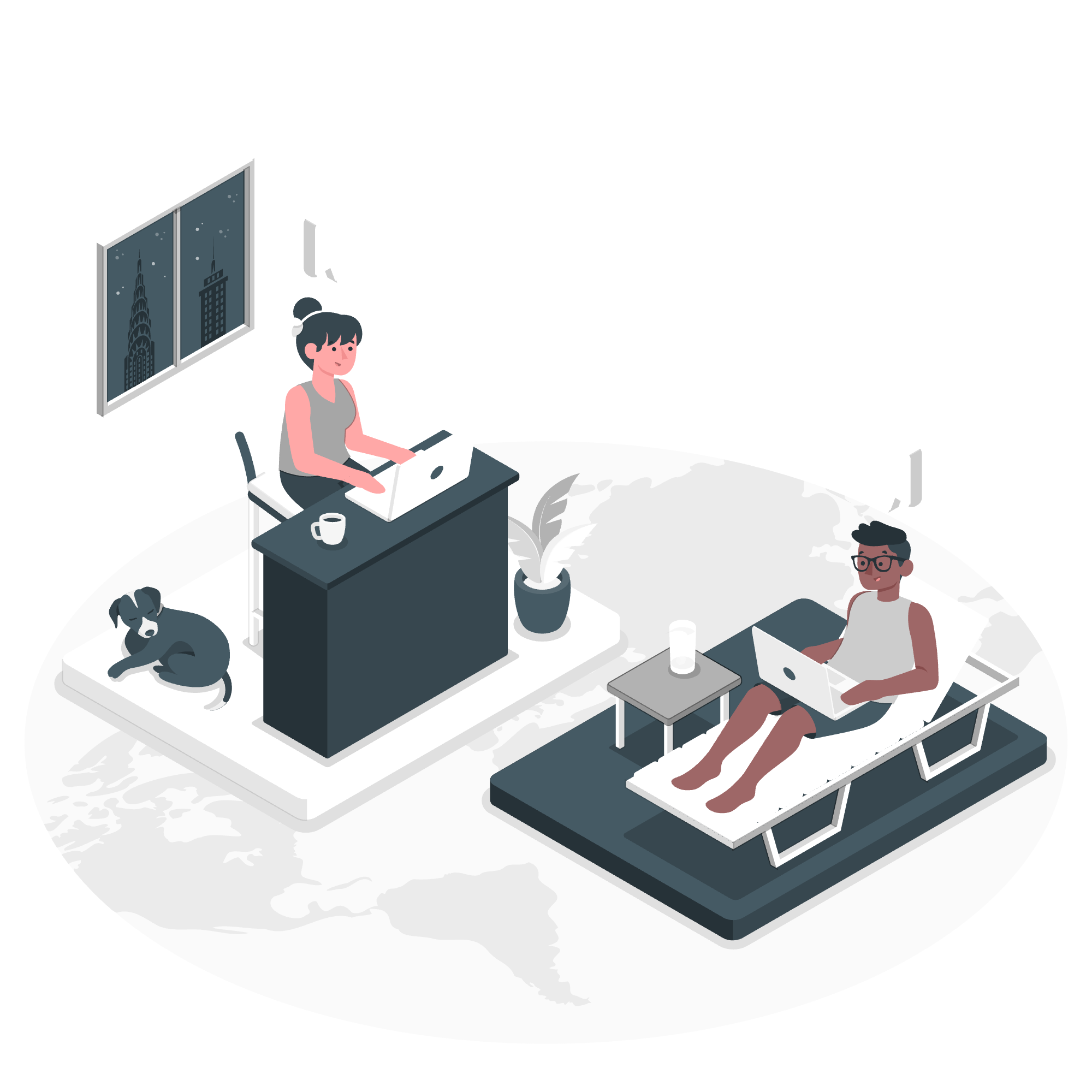 Illustration of two people working remotely from home, one sitting at a desk with a laptop, the other lounging on a bed with a laptop, a dog lying nearby, and a window showing a cityscape at night.