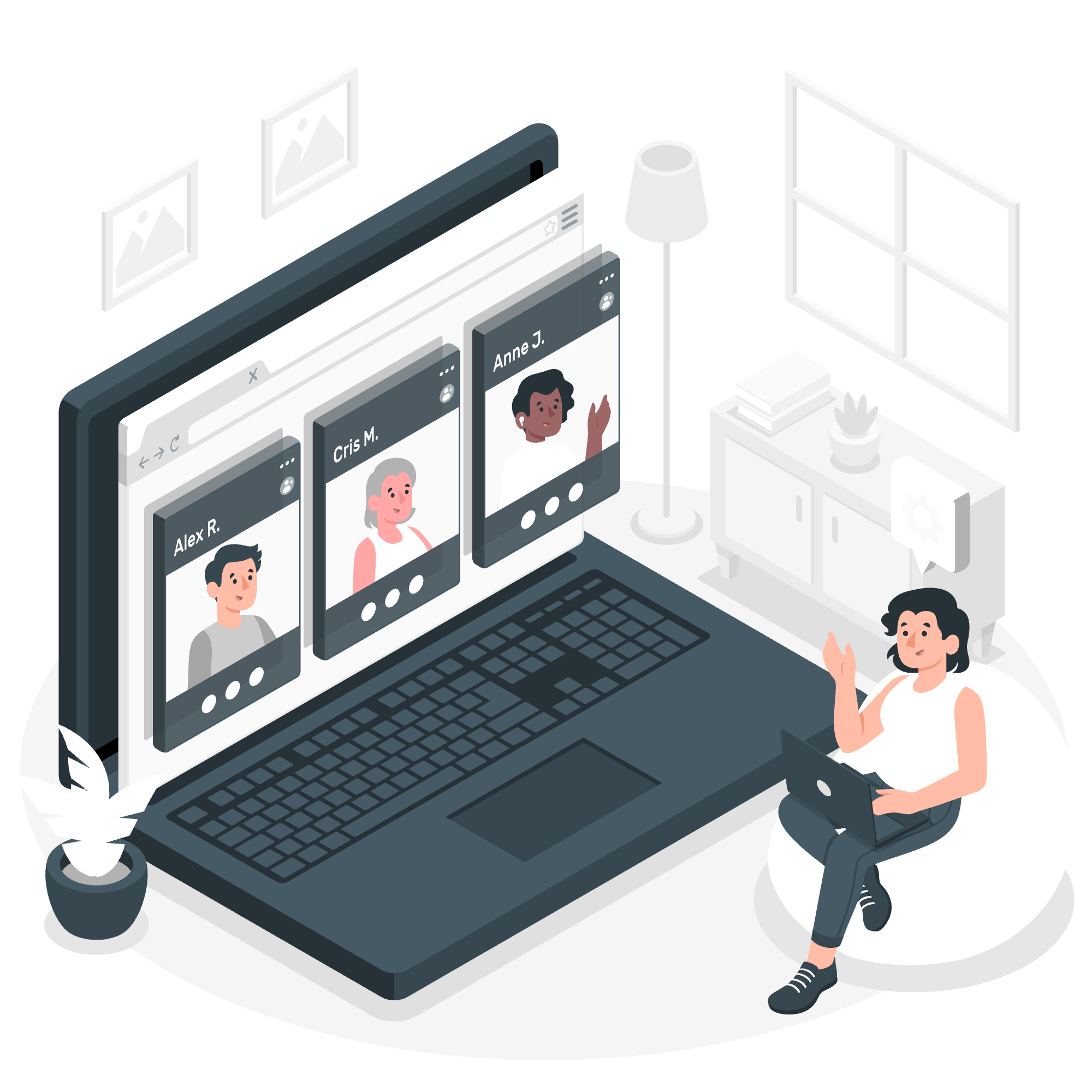 A woman participating in a virtual meeting on her laptop, with three people on video call, displayed on a giant screen, in a cozy home office with plants, a lamp, and a sideboard.