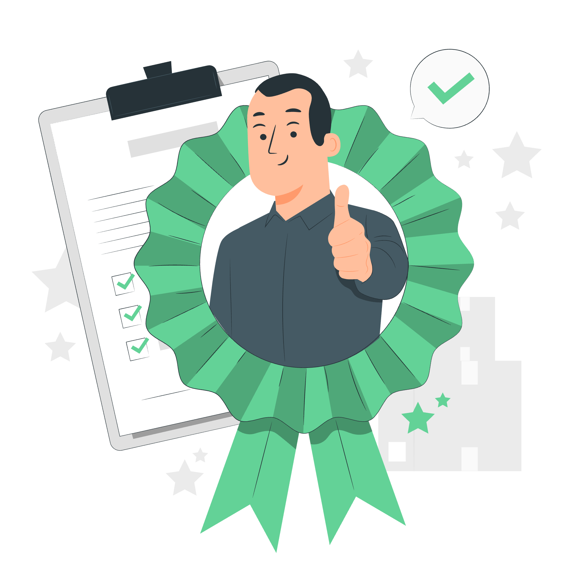 A cartoon man giving a thumbs up, surrounded by a green badge, checklists, and stars, representing approval or achievement.