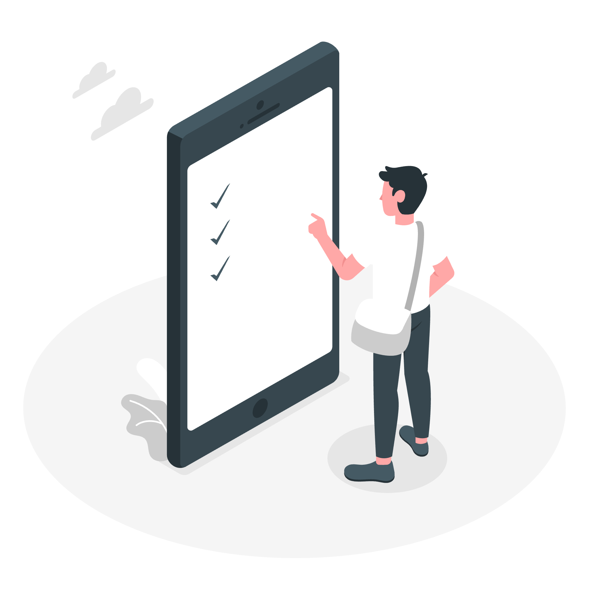 Person standing in front of a large smartphone with a checklist on the screen, checking off items.