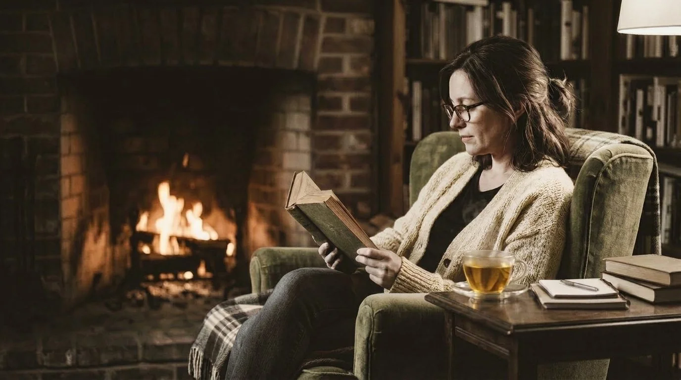 A woman sitting in a green armchair near a lit fireplace, reading a book with a cup of tea on a small table beside her.