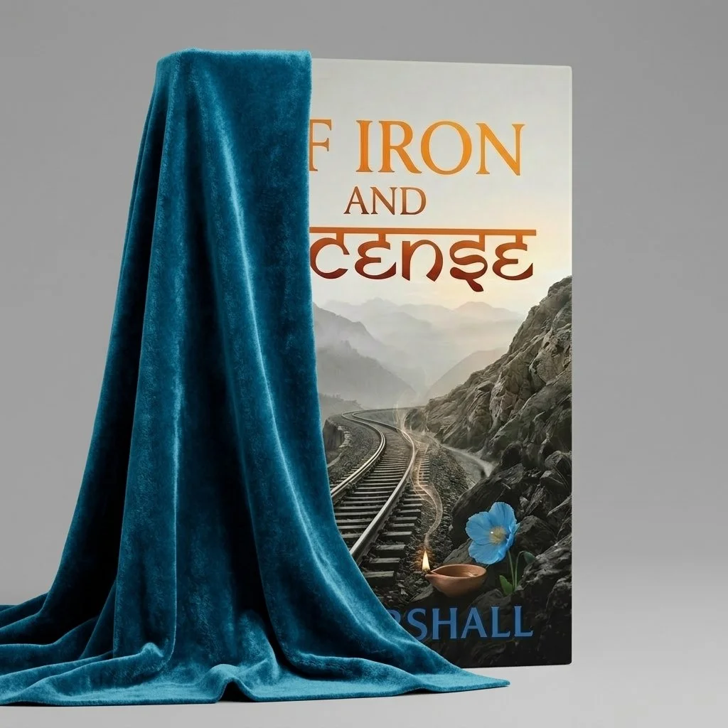 A book cover with a mountain and railway track scene, partially covered by a blue velvet curtain, with the text 'OF IRON AND INCENSE' and a small flower with a candle.
