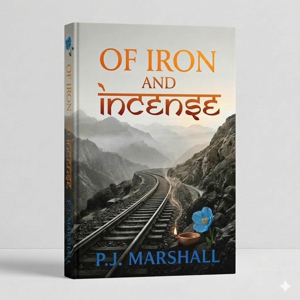 Book cover titled 'Of Iron and Incense' by P.J. Marshall. The cover features a mountain landscape with railway tracks, a small lit oil lamp, and a blue flower.