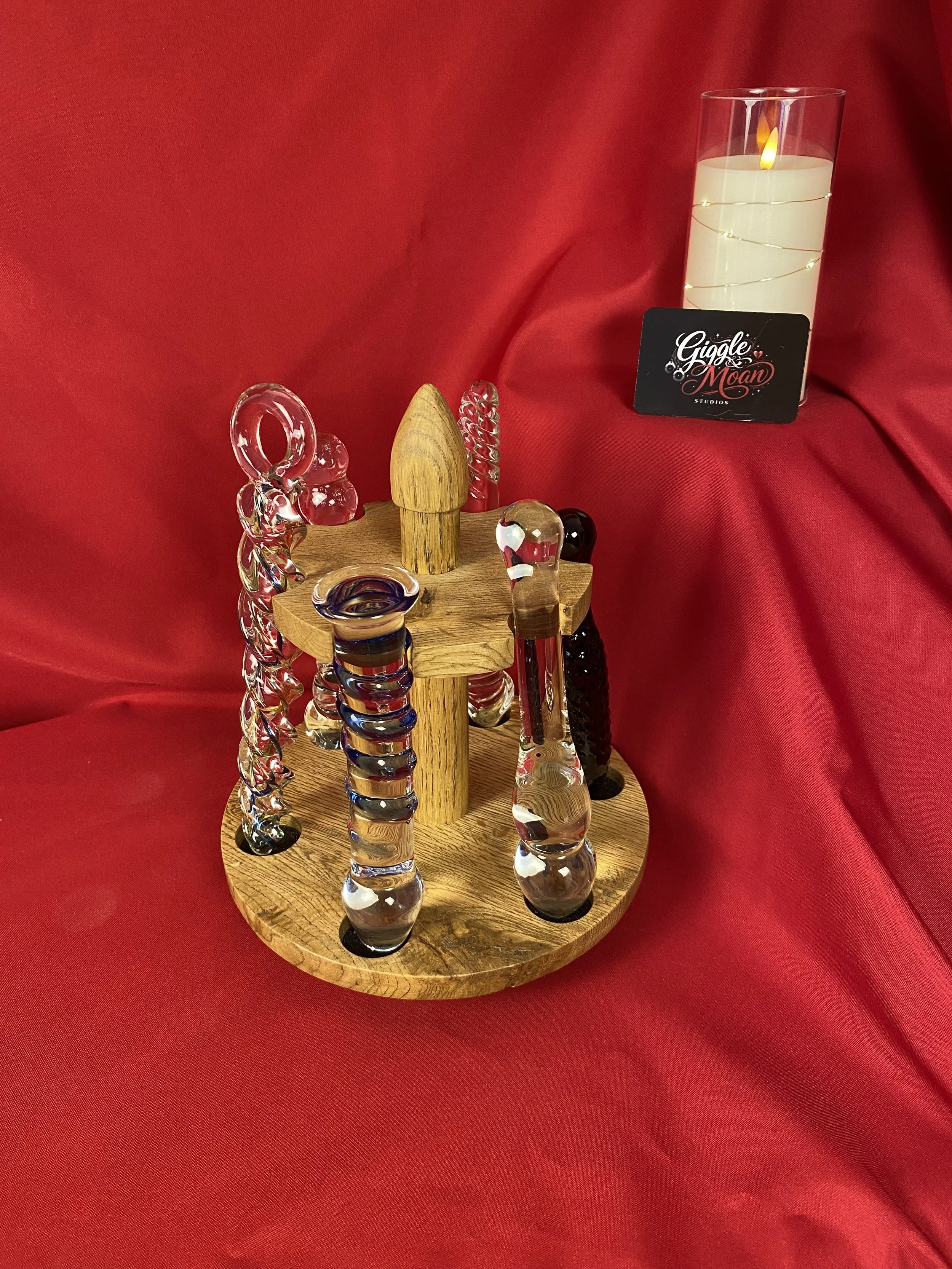 Glass Dildo Carousel with sturdy lockable oak storage box