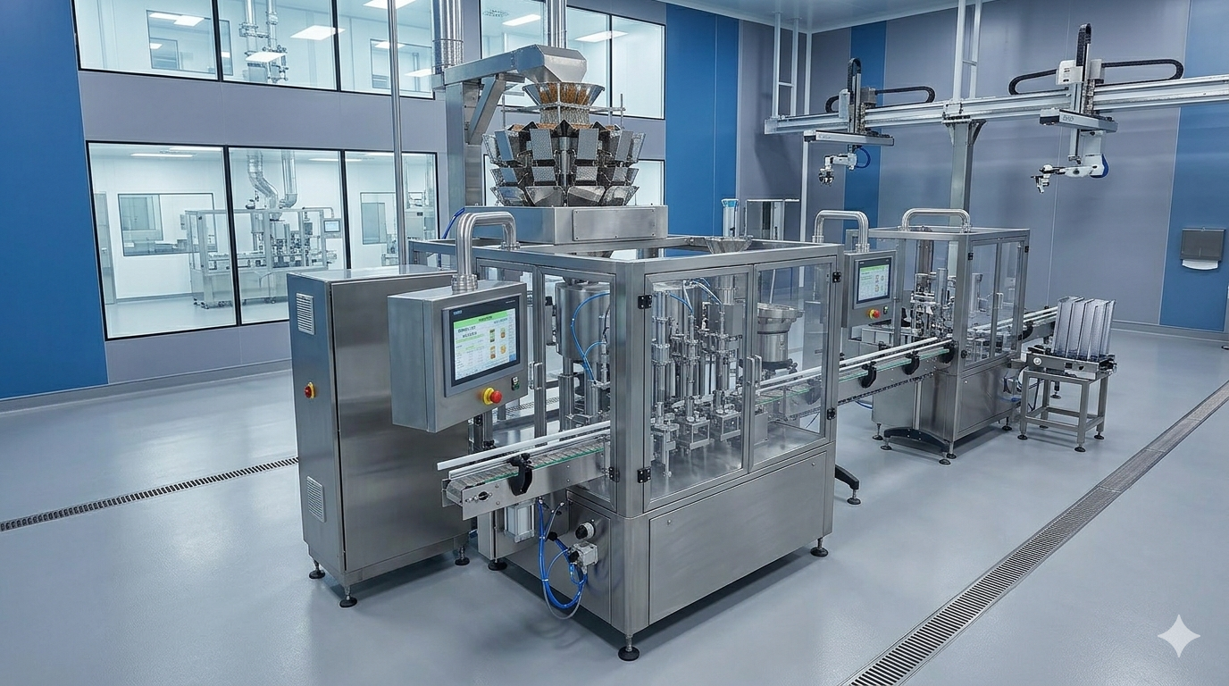 Stainless steel automated manufacturing equipment in a cleanroom, with control screens and machinery for industrial production.