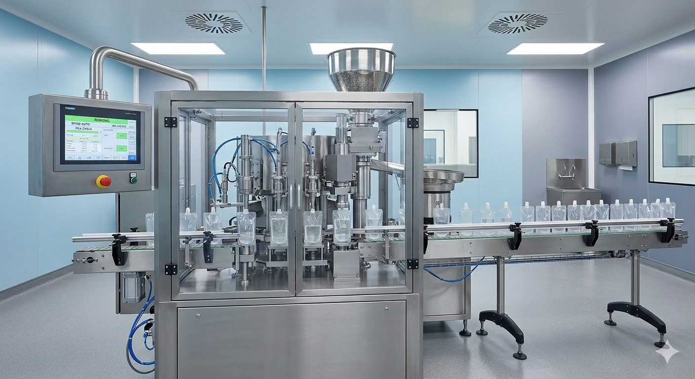 A modern pharmaceutical or food manufacturing cleanroom with stainless steel equipment for filling or processing bottles on a conveyor belt.