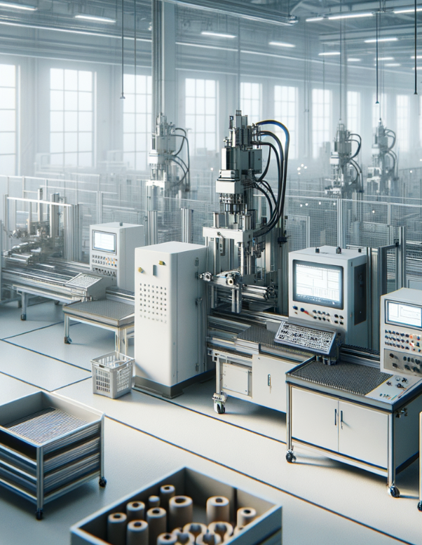 Modern manufacturing or industrial automation lab with robotic machinery, computer control panels, and storage containers.