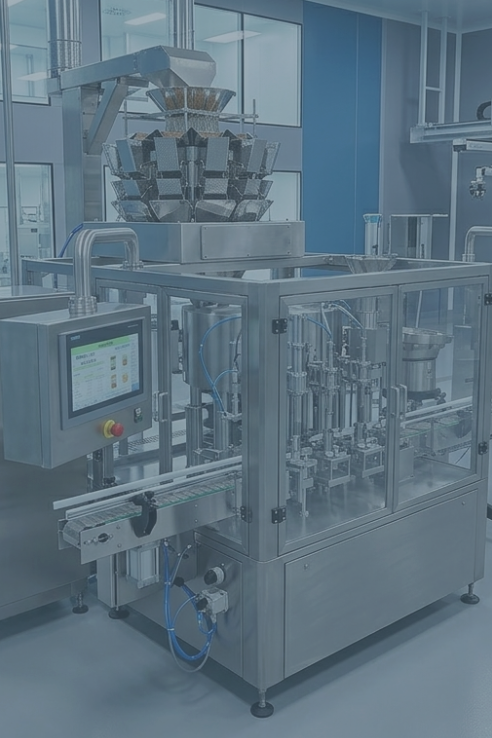Automated industrial filling machine in a technology-filled manufacturing facility.