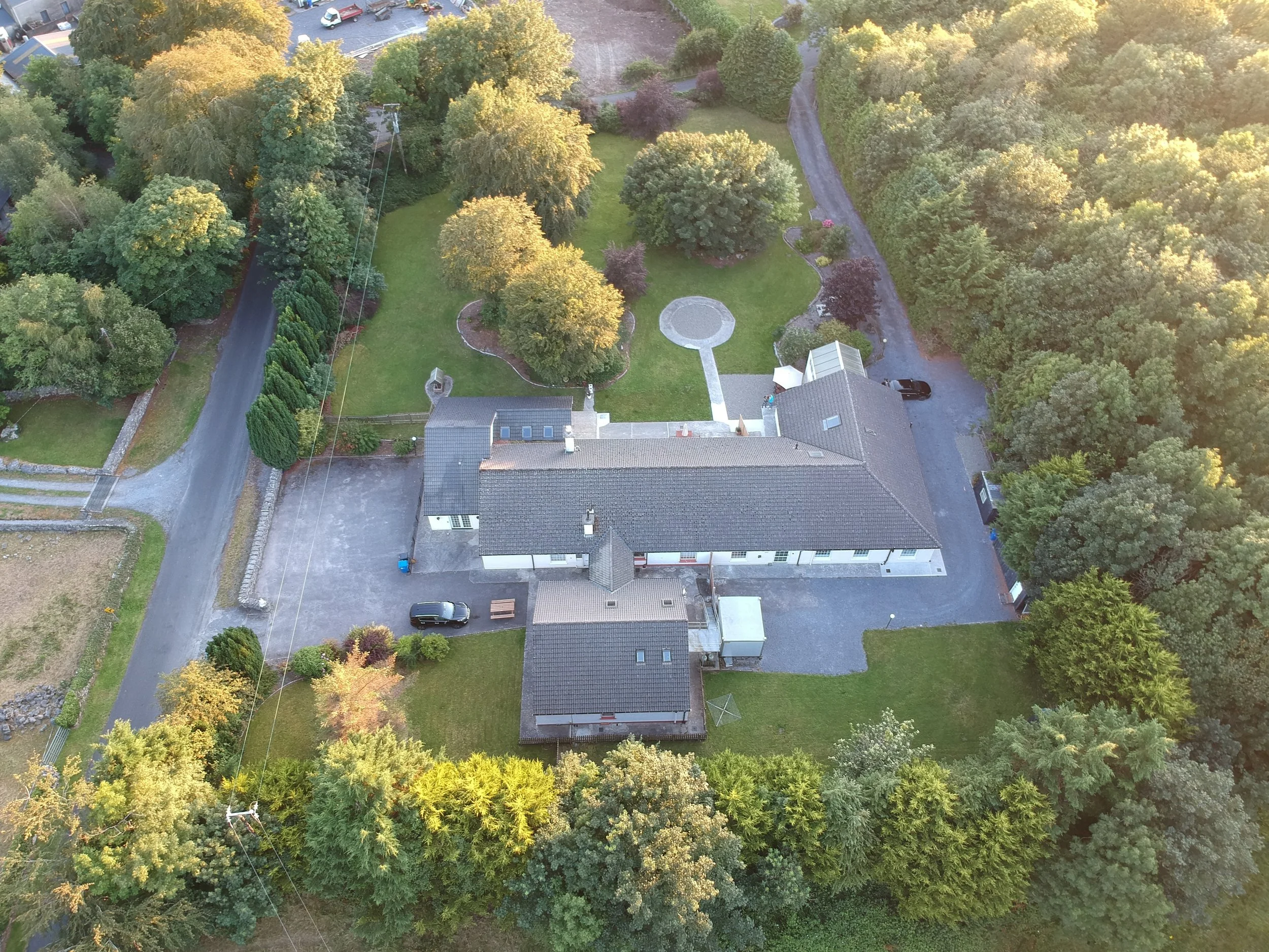 Aerial view of Kilbeg Pier lodges and grounds, Lough Corrib, County Galway