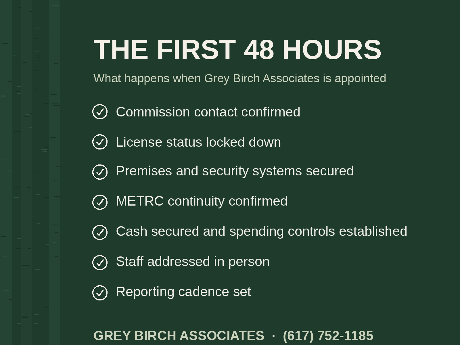 'The First 48 Hours' procedures when Grey Birch Associates is appointed, including commission contact, locking license status, securing premises and security systems, confirming METRC continuity, securing cash and establishing spending controls, etc