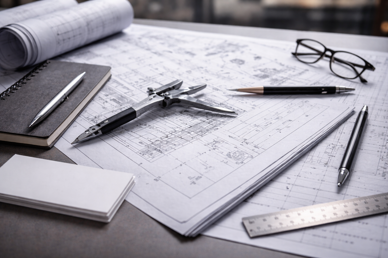 Architectural blueprints with drafting tools, notebooks, pens, glasses, and a ruler on a worktable.