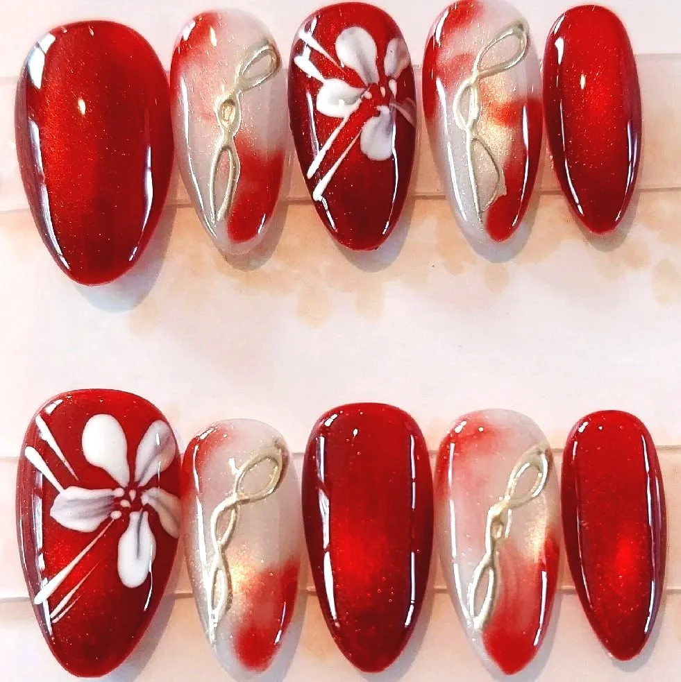 CC-915XS  Burgundy Red Marble and Floral Nails